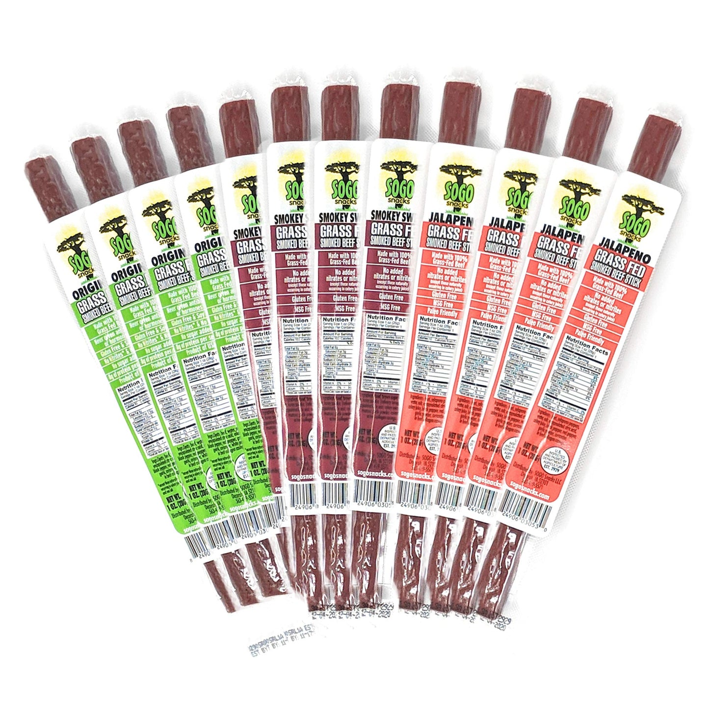 Sogo Snacks Beef Sticks, 100% Grass-Fed, Non-GMO, Keto, Whole30, Paleo, 1 oz, Pack of 144, 48 Original, 48 Smok