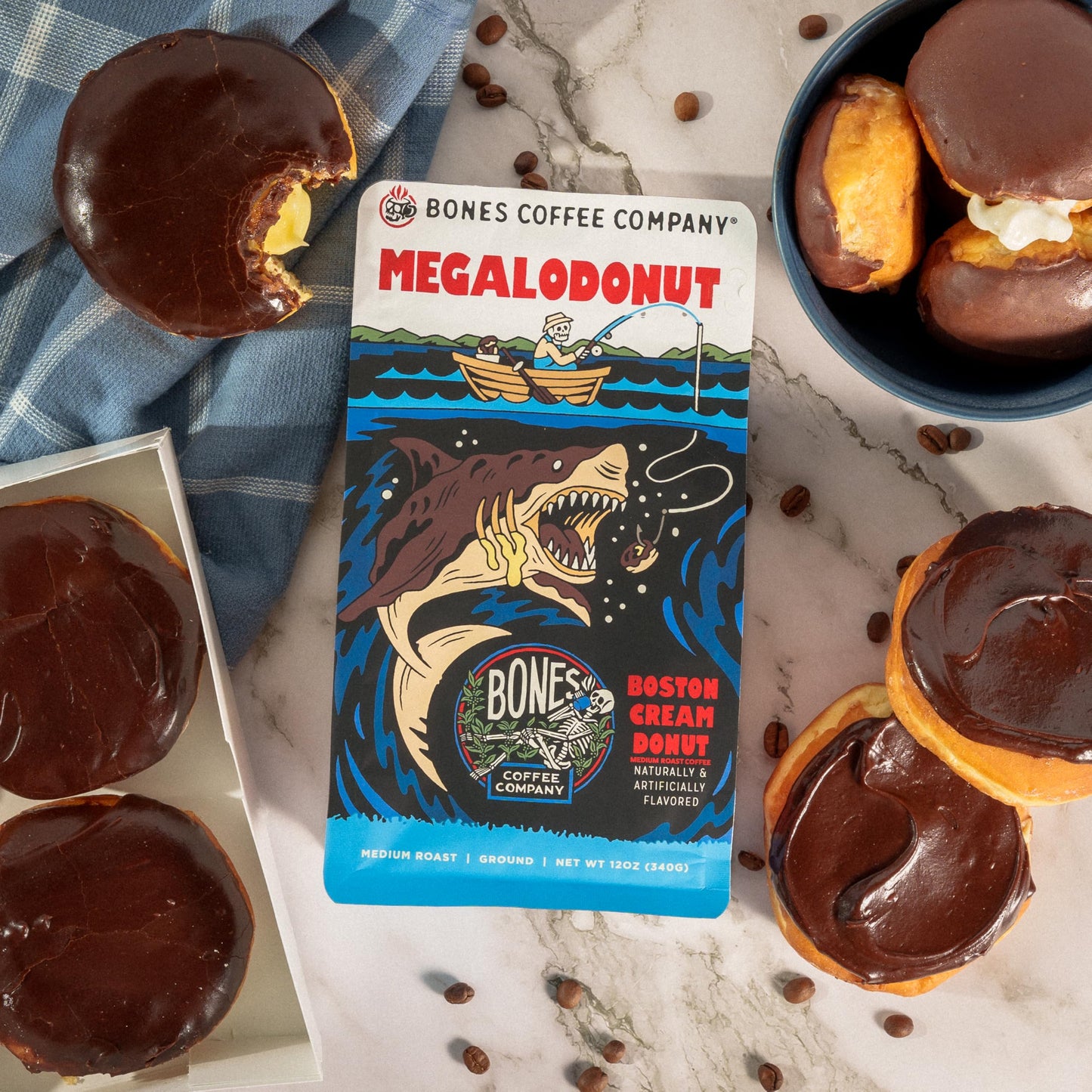 Bones Coffee Company Megalodonut Ground Coffee Beans Boston Cream Donut Flavor | 12 oz Flavored Coffee Gifts Low Acid Medium Roa