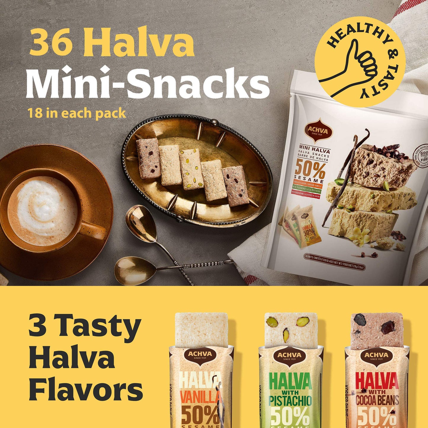 Achva Kosher Vanilla, Cocoa Beans, And Pistachio Mini Halva Bars Snack Bag 18Ct. Each Bar 0.4Oz Net Wt 7.6Oz (Pack Of 2) | Vegan