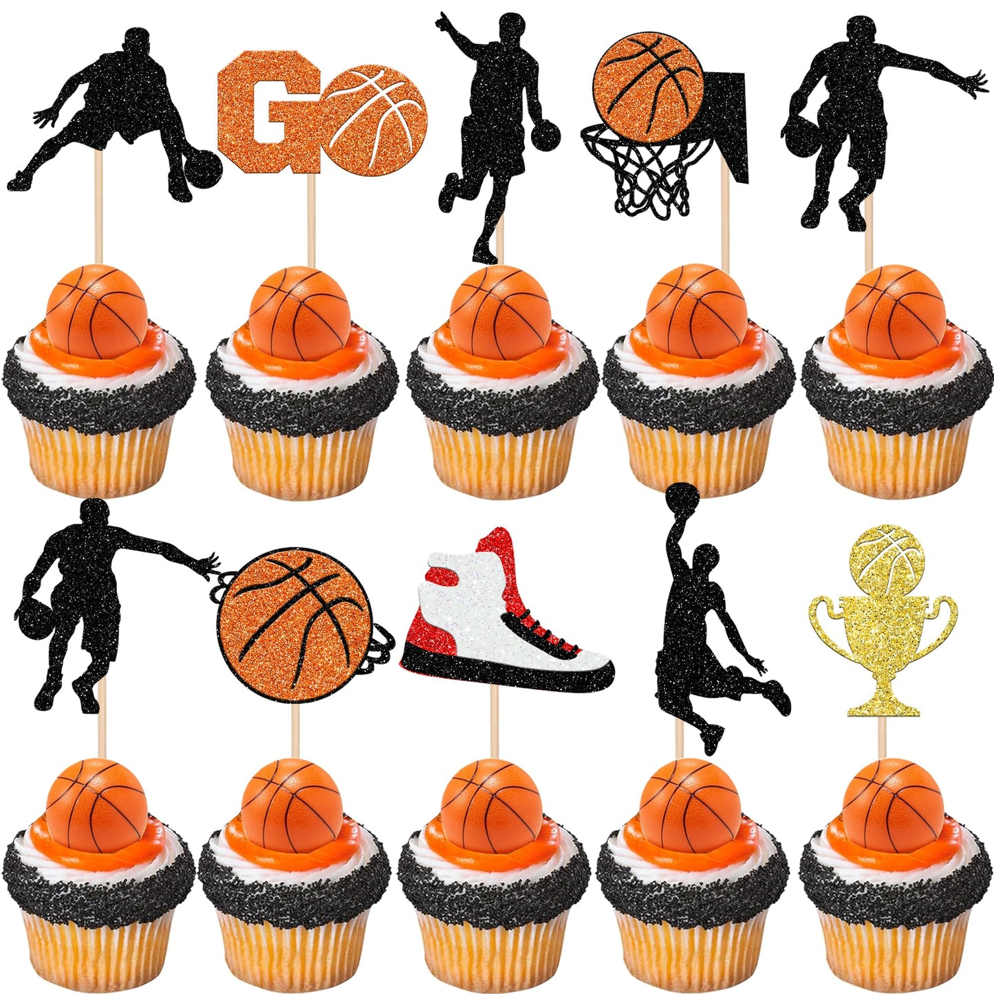 36 Pcs Basketball Cupcake Toppers Glitter Star Player Cupcake Picks Basketball Hoop Game Shoe Sports Ball Cake Decorations For Sports Theme Baby Shower Birthday Party Supplies