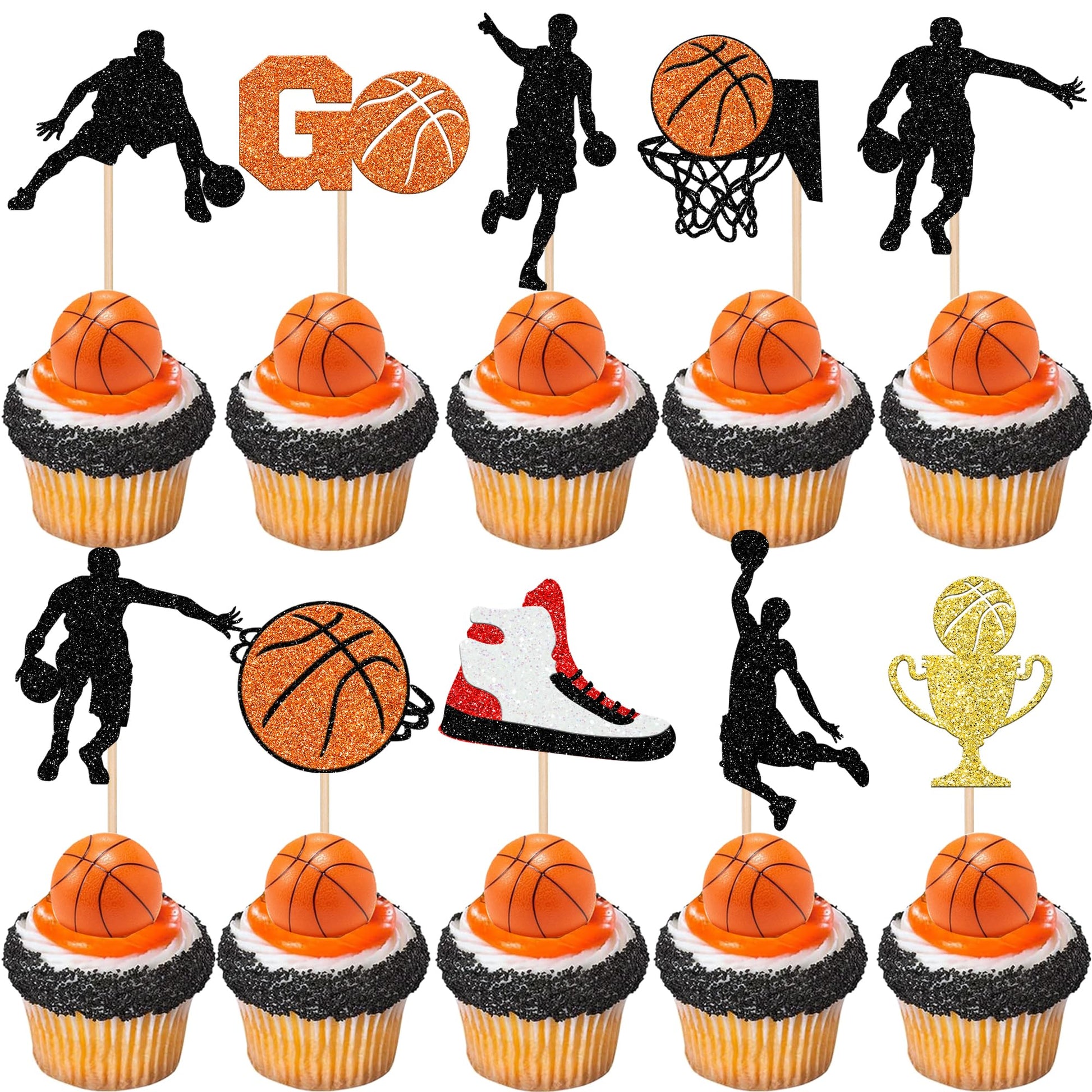 36 Pcs Basketball Cupcake Toppers Glitter Star Player Cupcake Picks Basketball Hoop Game Shoe Sports Ball Cake Decorations For Sports Theme Baby Shower Birthday Party Supplies