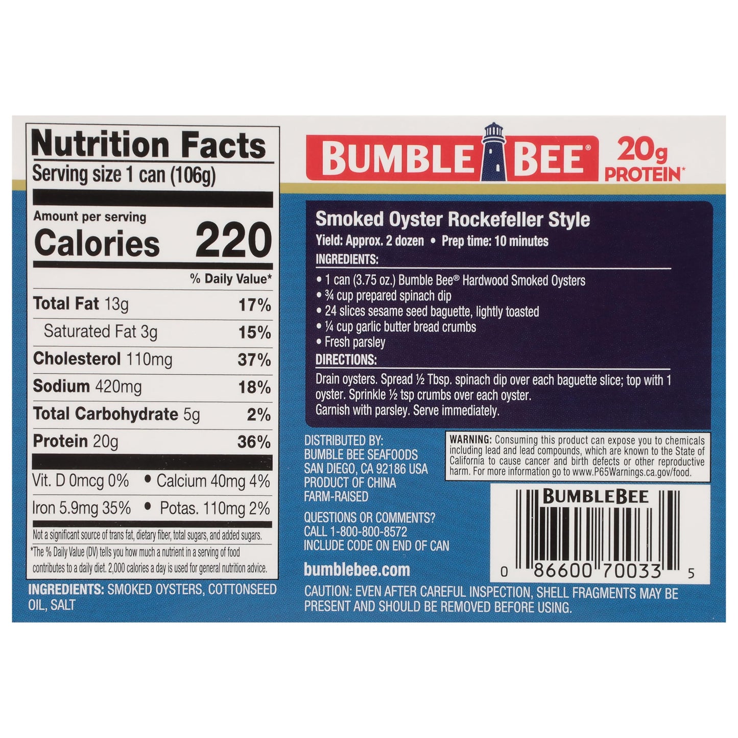 Bumble Bee Canned Smoked Oysters, 3.75 oz Cans, Pack of 12, Gluten Free, 18g Protein per Serving