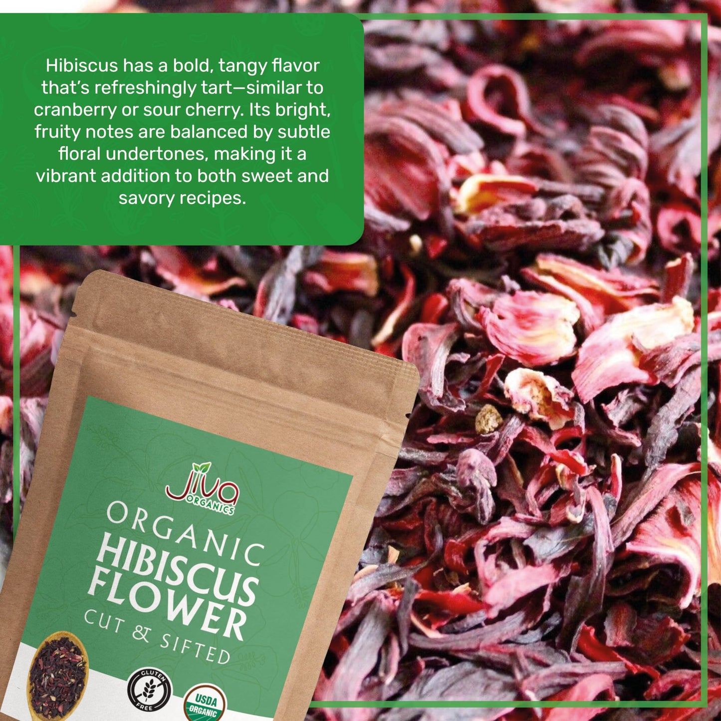 Jiva Organics Organic Hibiscus Flowers - 100% Pure, Cut & Sifted, 1 LB, Gluten Free, Non GMO, Caffeine Free