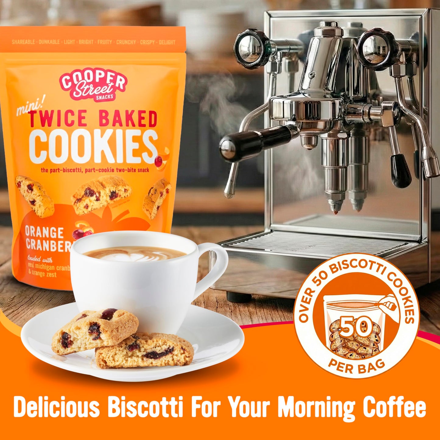 Cooper Street Twice-Baked Orange Cranberry Biscotti Cookies (16 oz) - Over 50 Biscotti per Bag Loaded with Real Fruit, Tradition