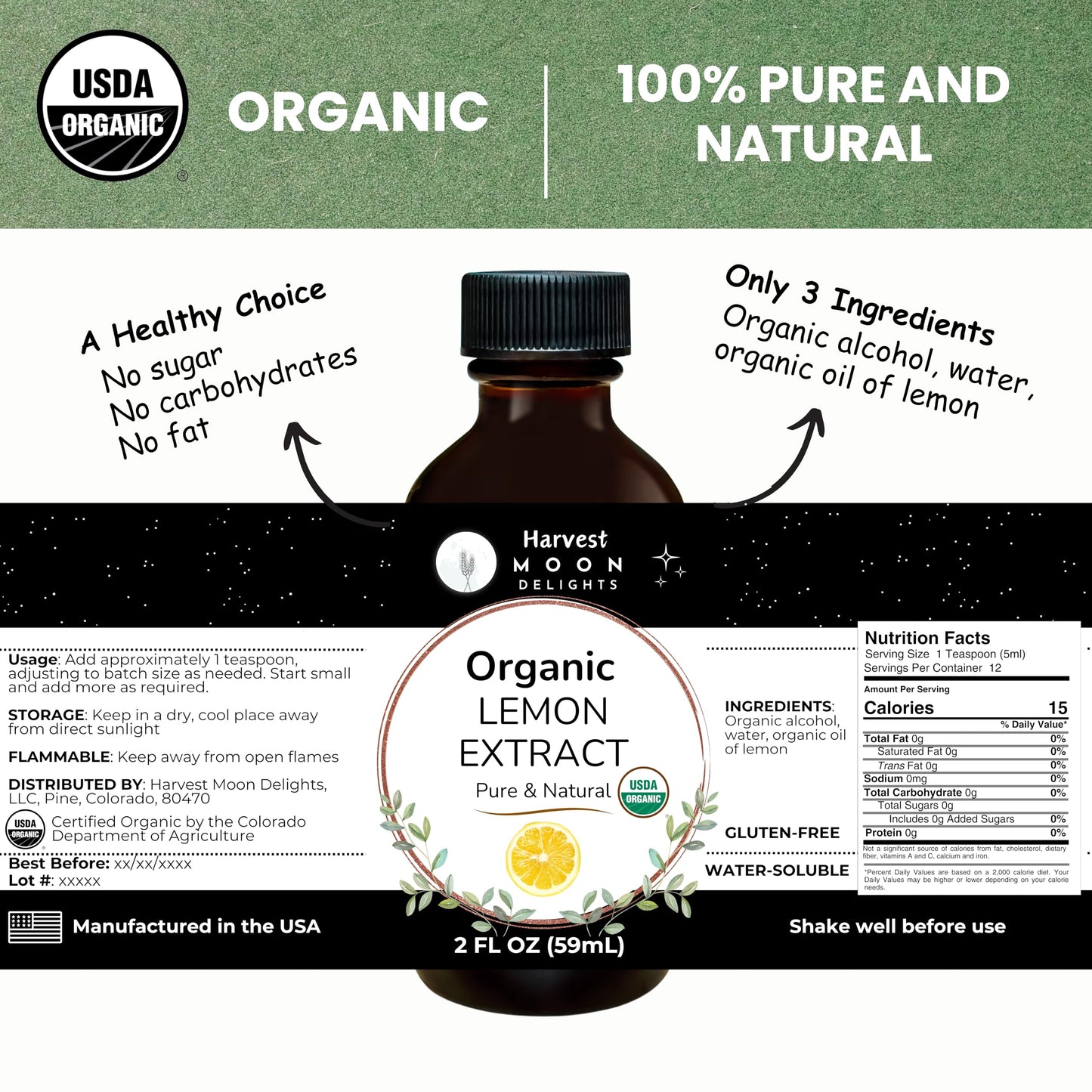 Organic Lemon Extract For Baking, Ice Cream, Drinks, And Candy - 2 Oz - Water-Soluble - By Harvest Moon Delights - Pure Lemon Fl