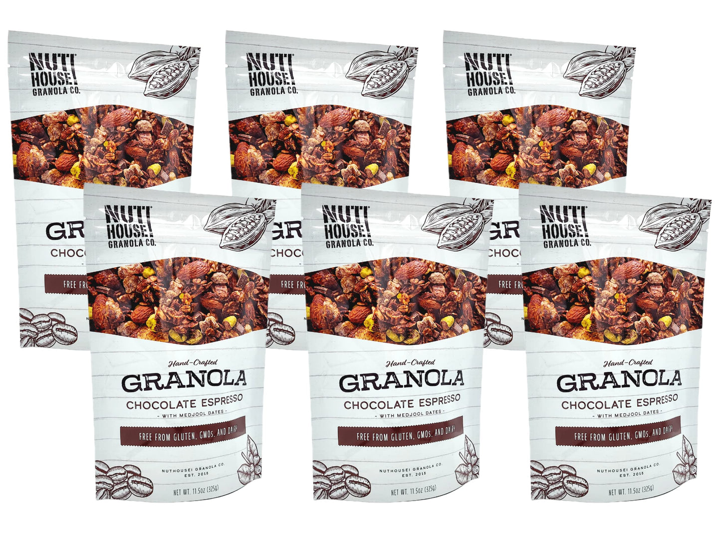 Nuthouse! Granola Company - Top-Grade Chocolate Espresso Granola | Certified Gluten-Free  Non-Gmo  Kosher | Vegan | 11.5 Oz. Bag (6-Pack)