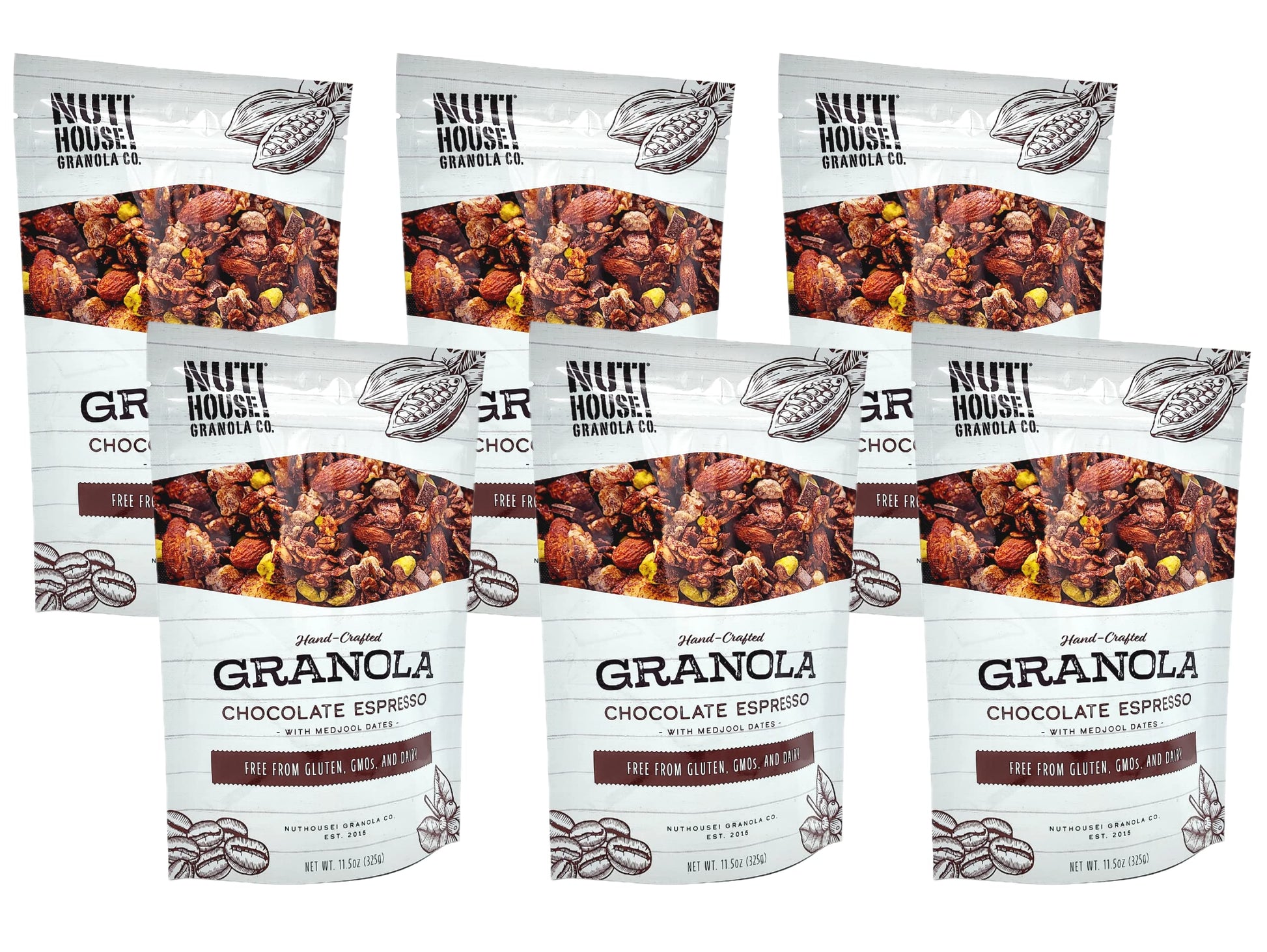Nuthouse! Granola Company - Top-Grade Chocolate Espresso Granola | Certified Gluten-Free  Non-Gmo  Kosher | Vegan | 11.5 Oz. Bag (6-Pack)