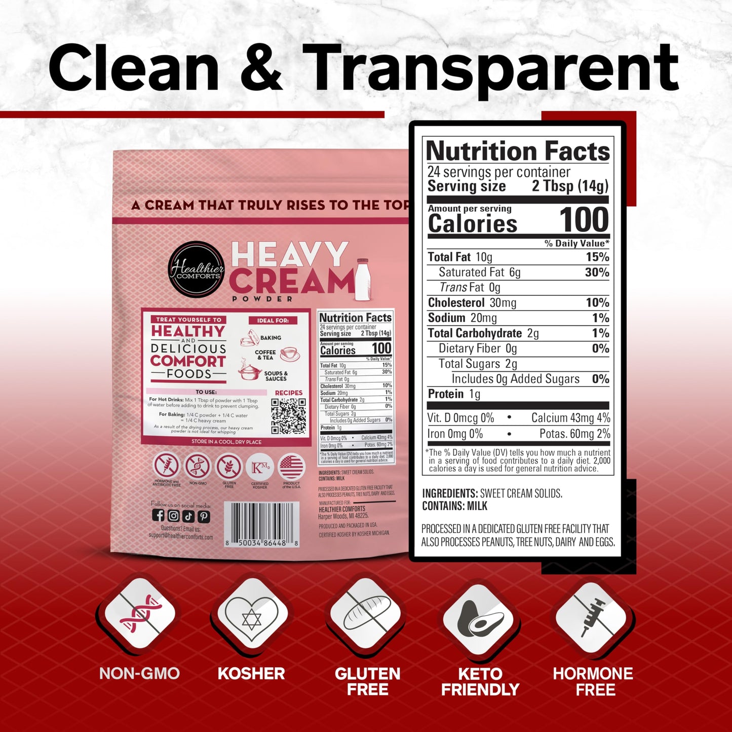 Healthier Comforts Heavy Cream Powder (72% Butterfat) | Kosher  Gluten Free  Non-GMO  Keto Friendly  Free of s &  s (rBGH or rBST) | Made in USA (12oz)