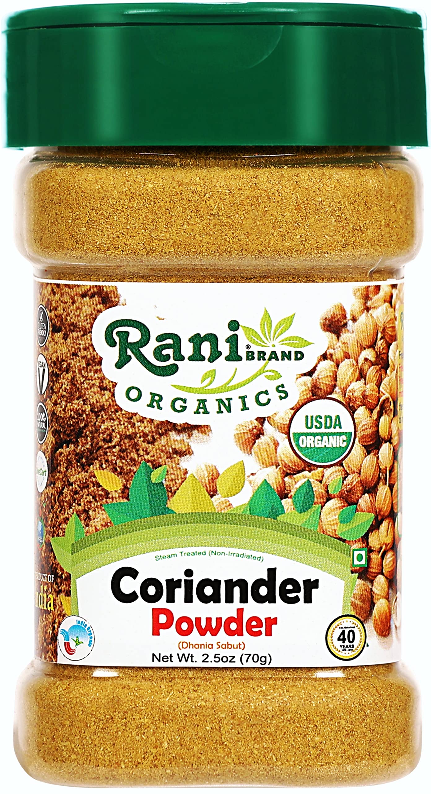 Rani Organic Coriander Powder (Dhania Powder 2.5Oz (70G) Pet Jar ~ All Natural | Vegan | Gluten Friendly | Non-Gmo | Indian Origin | Usda Certified Organic