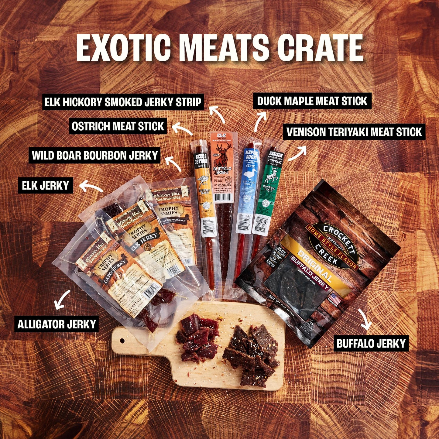 Man Crates Exotic Meats Crate - 10 Piece Set with 8 Rare Jerky Flavors - Includes Venison, Alligator, Elk - Sealed Wooden Crate