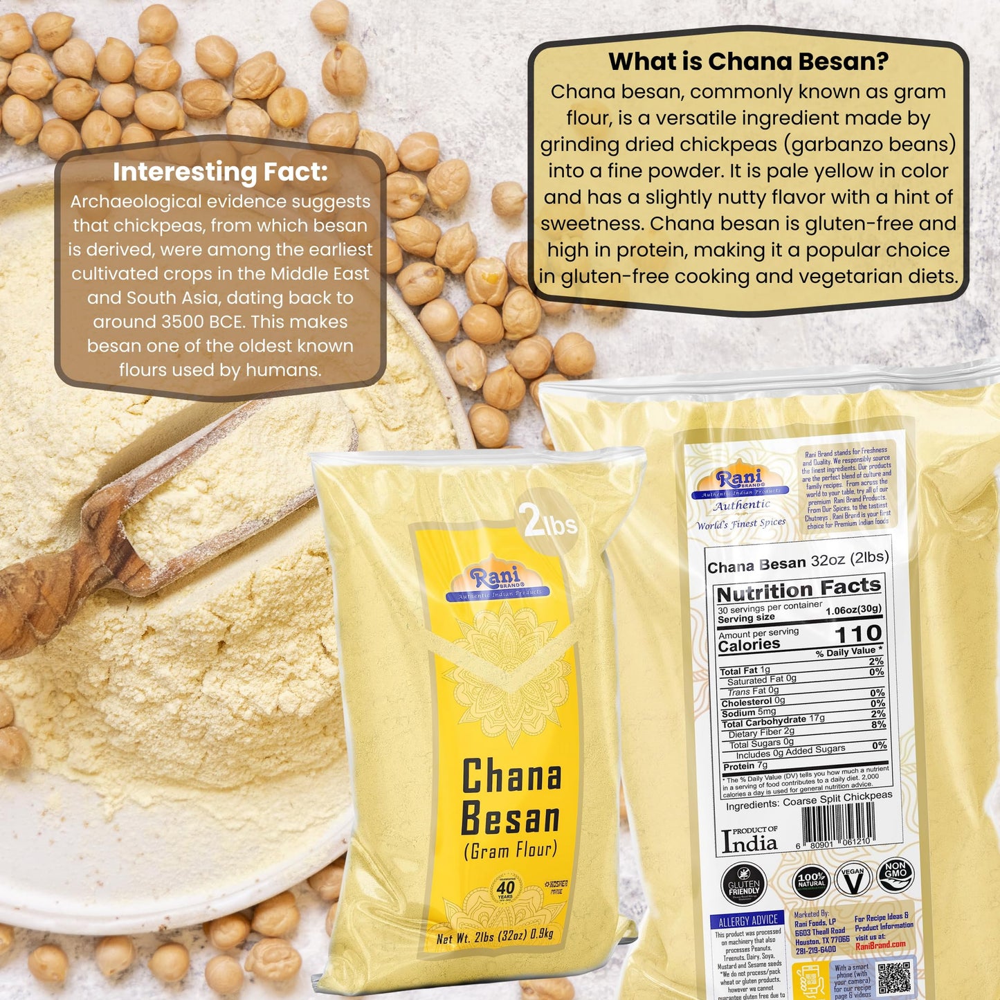 Rani Chana Besan (Chickpeas Flour, Gram) 32Oz (2Lbs) 908G ~ All Natural | Vegan | Gluten Friendly | Non-Gmo | Indian Origin