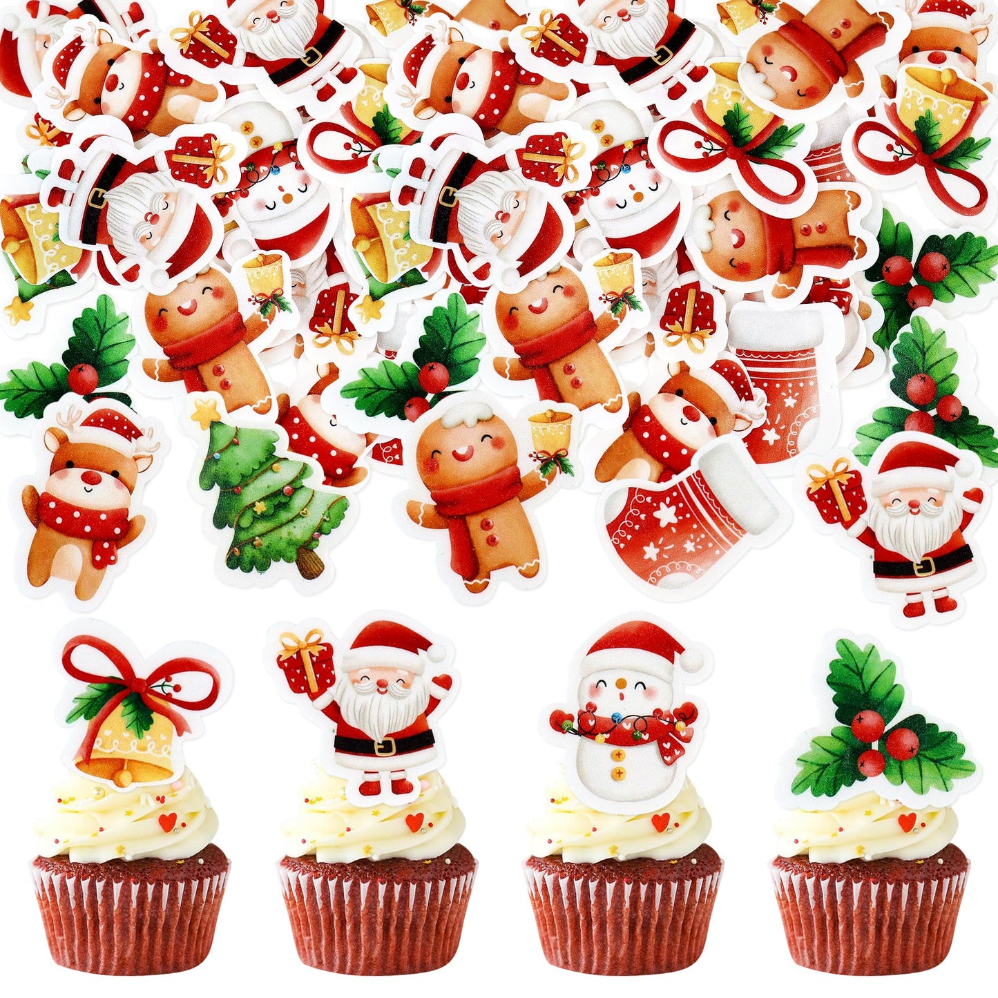 Ercadio 40 Pcs Edible Merry Christmas Cupcake Toppers Santa Claus Christmas Tree Snowman Cupcake Drink Topper Picks For Celebrating Merry Christmas Theme New Year Holiday Party Cake Decorations