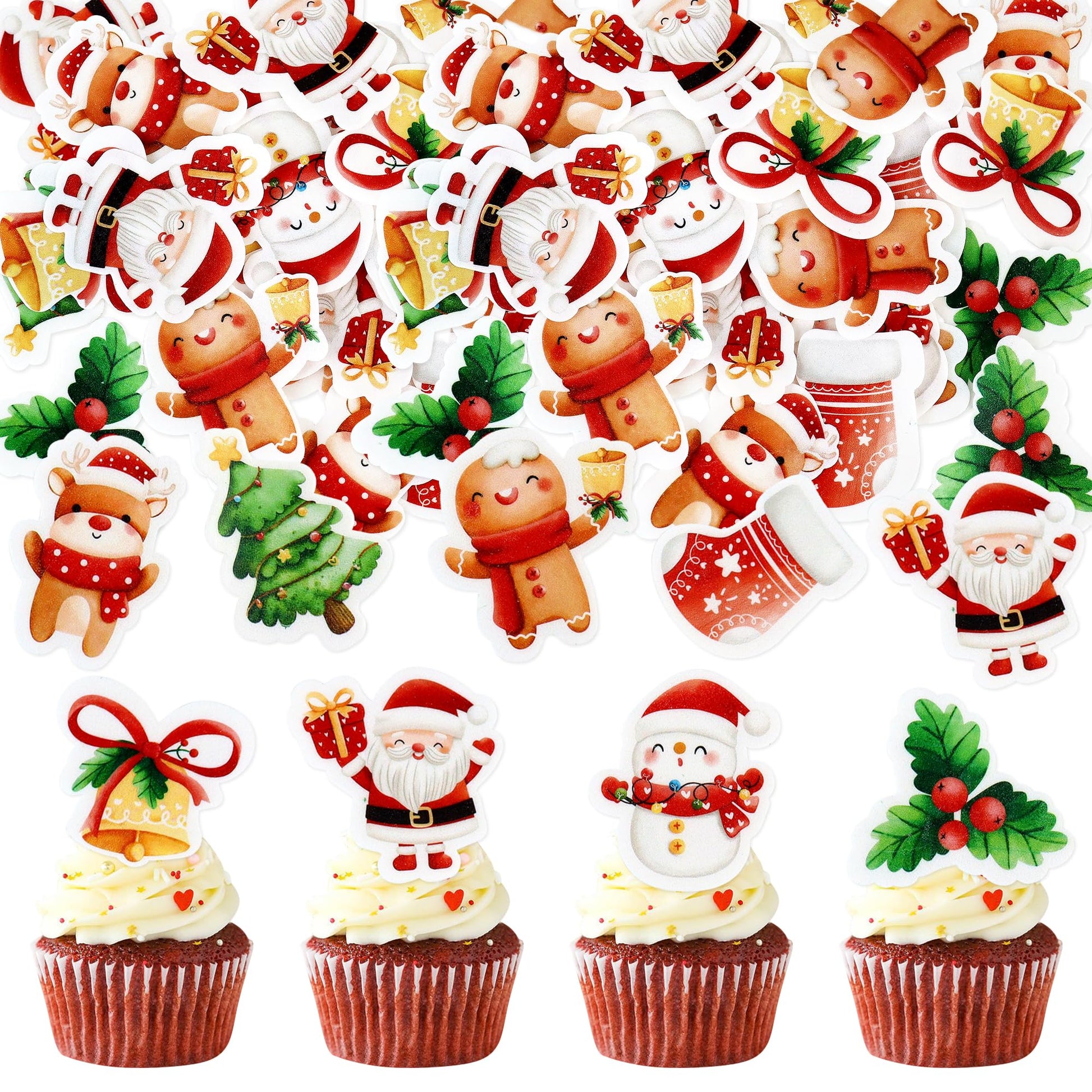 Ercadio 40 Pcs Edible Merry Christmas Cupcake Toppers Santa Claus Christmas Tree Snowman Cupcake Drink Topper Picks For Celebrating Merry Christmas Theme New Year Holiday Party Cake Decorations