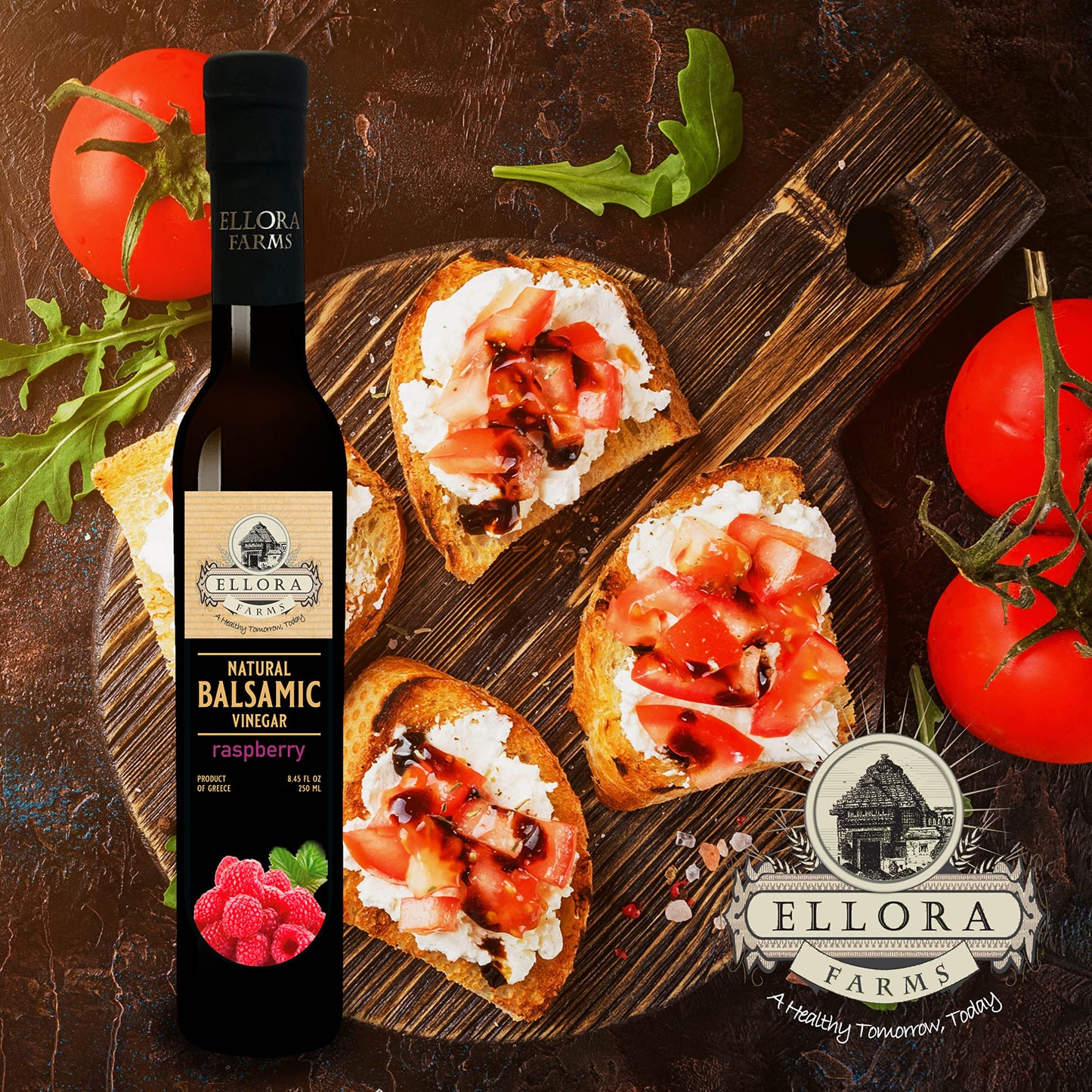 Ellora Farms, Fresh Raspberry Infused Thick Balsamic Vinegar, No-Additives, No Added Sugars, No-Preservatives, Glass Bottle, 8.4
