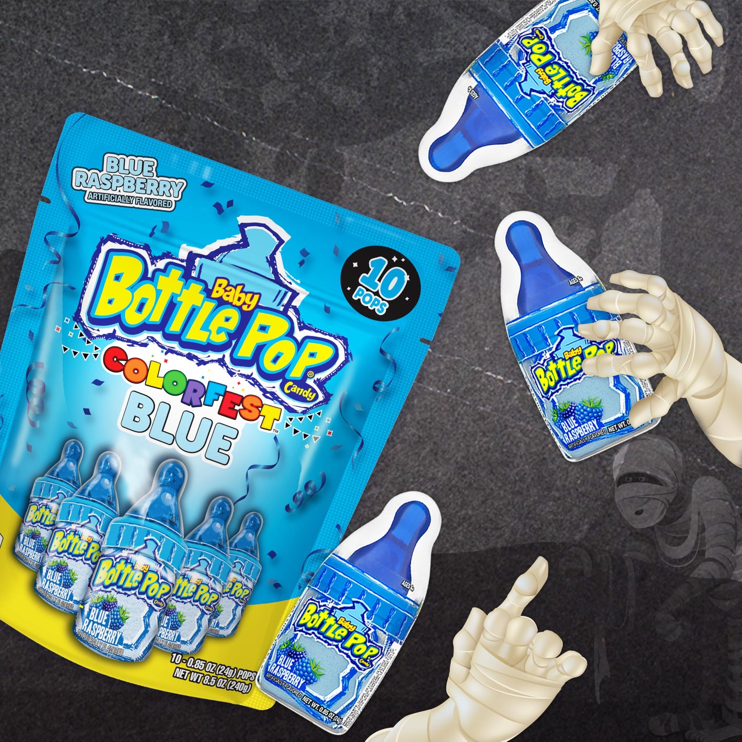 Baby Bottle Pop Colorfest Individually Wrapped Halloween Bulk Candy - Blue Raspberry Party Pack - 10 Fun Candy Lollipops W/ Powd