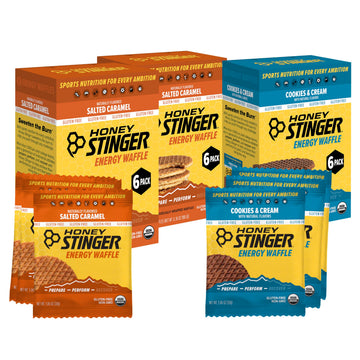 Honey Stinger Organic Energy Waffle Variety Pack, 18 Count, Gluten Free, 12 Salted Caramel & 6 Cookies & Cream Waffles