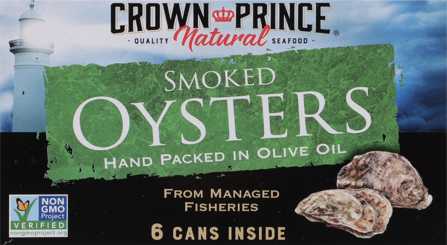 Crown Prince Smoked Oysters in Olive Oil, 3 Ounce Cans, Pack of 6