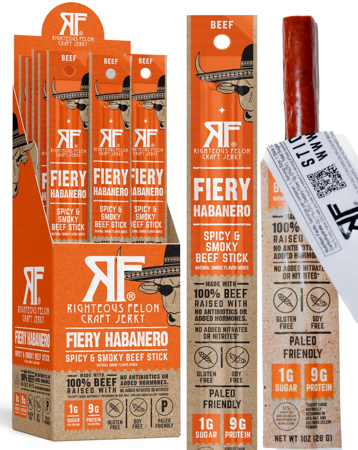 RIGHTEOUS FELON Beef Sticks - Gluten Free, Low Sugar, High Protein, Fiery Habanero, 10 oz (Pack of 24)