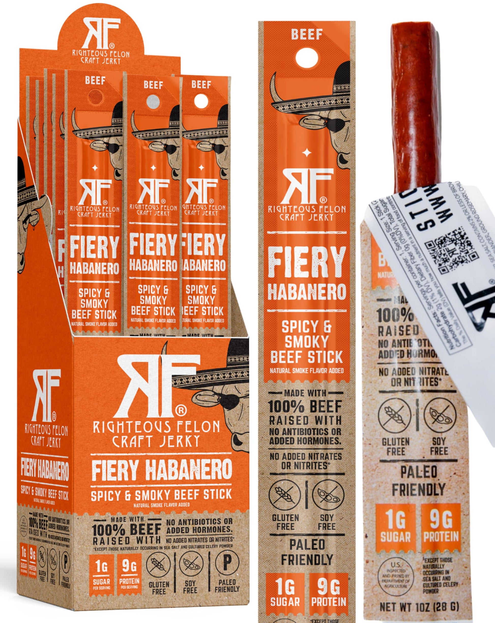 RIGHTEOUS FELON Beef Sticks - Gluten Free, Low Sugar, High Protein, Fiery Habanero, 10 oz (Pack of 24)
