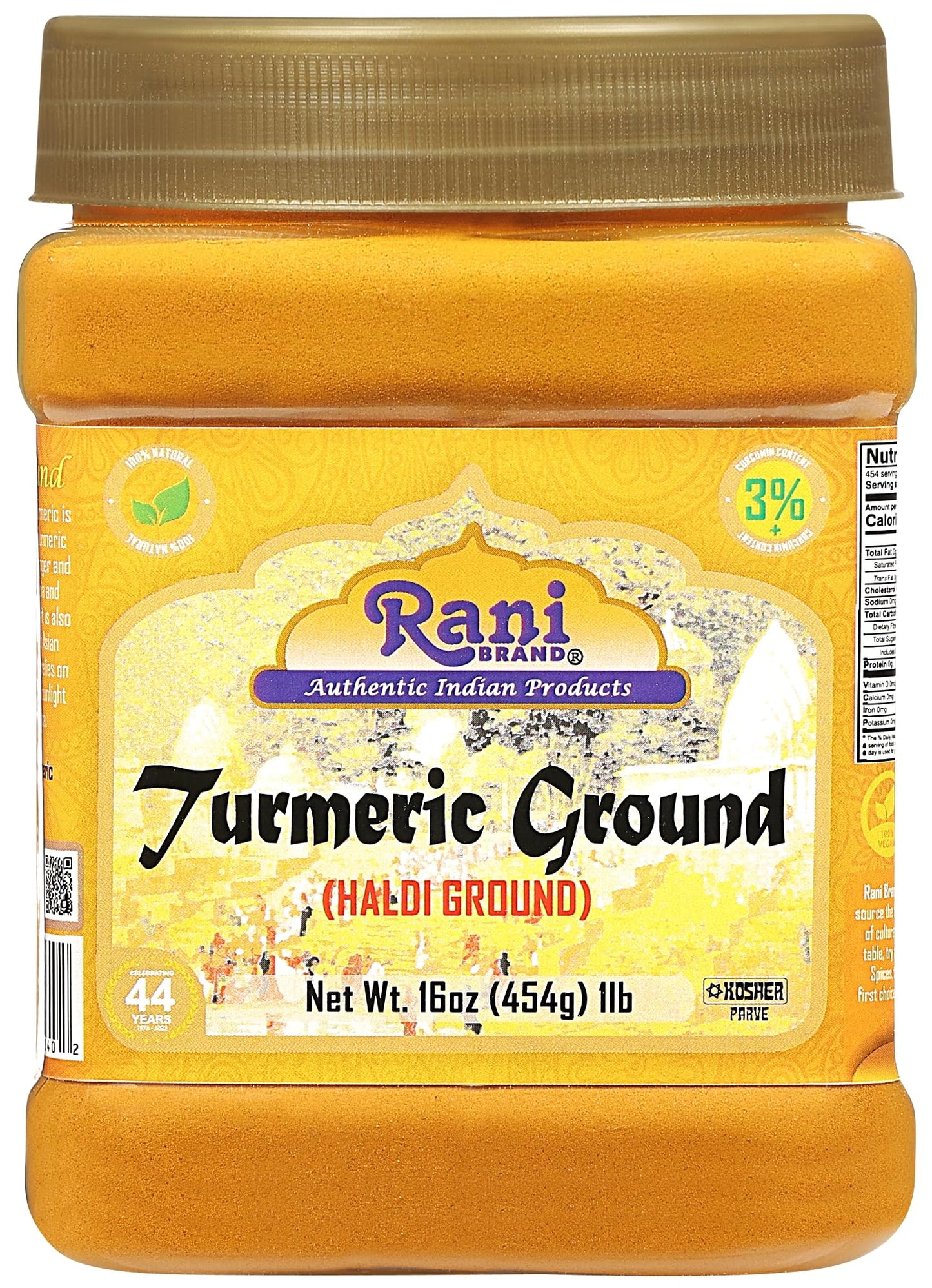 Rani Turmeric (Haldi) Root Powder Spice  (High Curcumin Content) 16oz (1lb) 454g PET Jar ~ All Natural | 100% Pure  Salt Free | Vegan | Gluten Friendly | NON-GMO | Kosher | Indian Origin