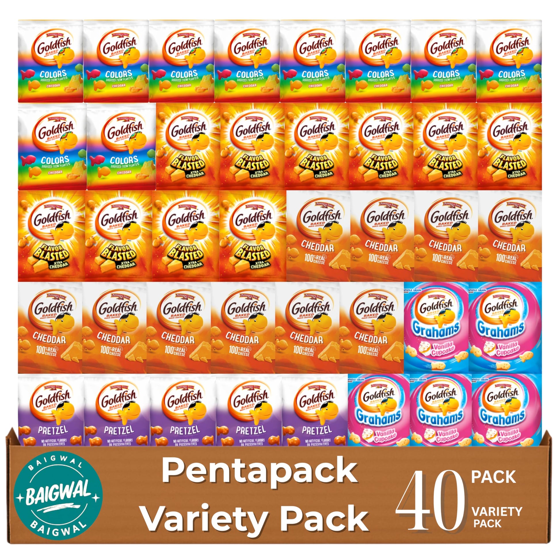 Variety Pack Gold-fish Crackers by Baigwal, Snack Packs, 40 Count Box
