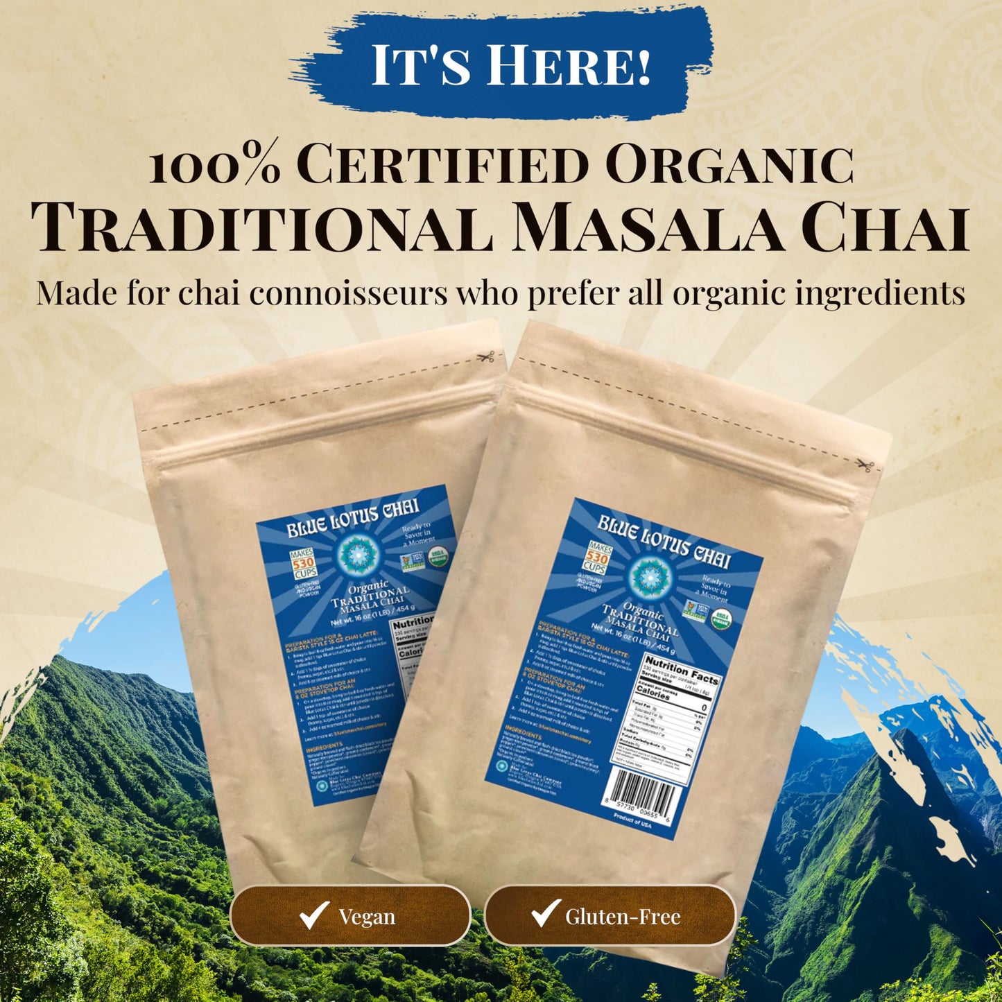 Blue Lotus Chai - Fully Organic Traditional Masala Chai - Makes 530 Cups - 1 Pound Bulk Bag Masala Spiced Chai Powder With Organ