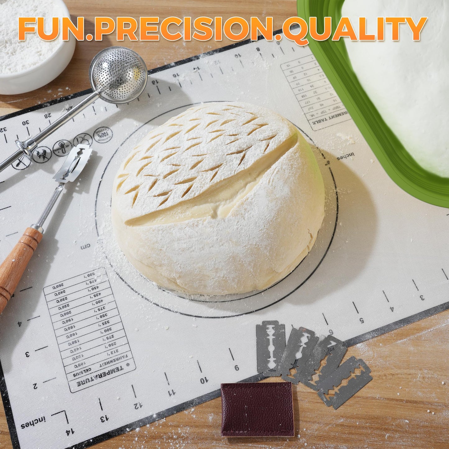 BICRET Sourdough Bread Baking Supplies Kit with 34 oz Starter, 2 Silicone Proofing Baskets, Large, Green, Model FJKIT-2
