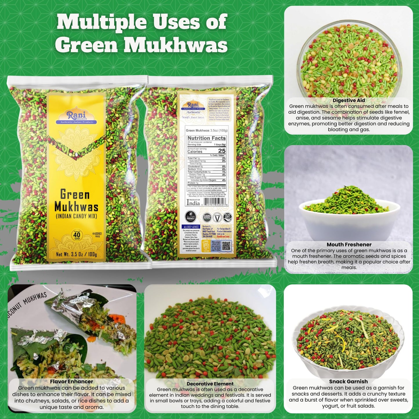 Rani Green Mukhwas (Special Digestive Treat) 3.5oz (100g) ~ Vegan | Indian Candy Mouth Freshener | Kosher