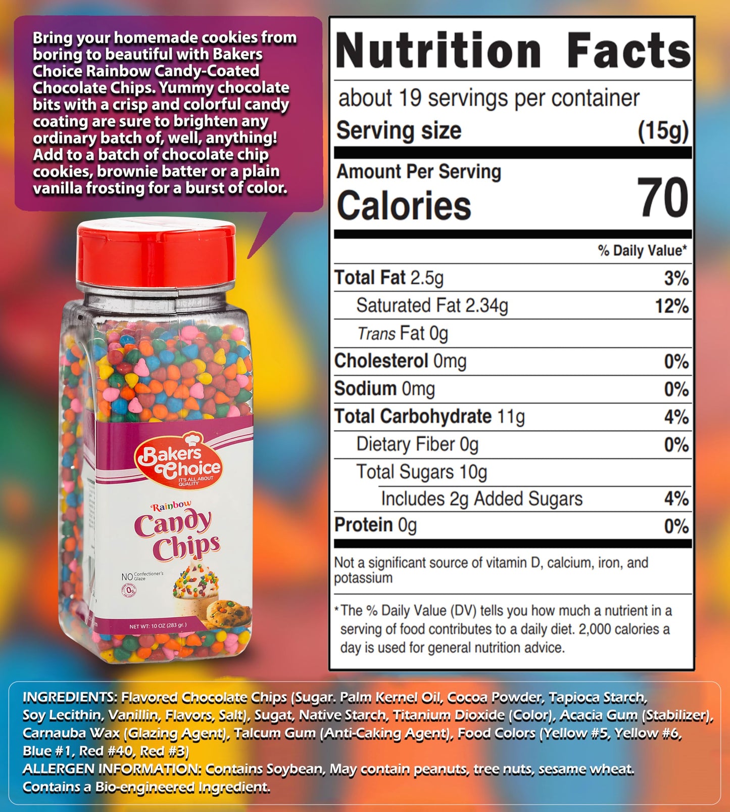 Rainbow Candy Coated Chocolate Chips - Dairy Free, Kosher - 10 oz. - Bakers Choice
