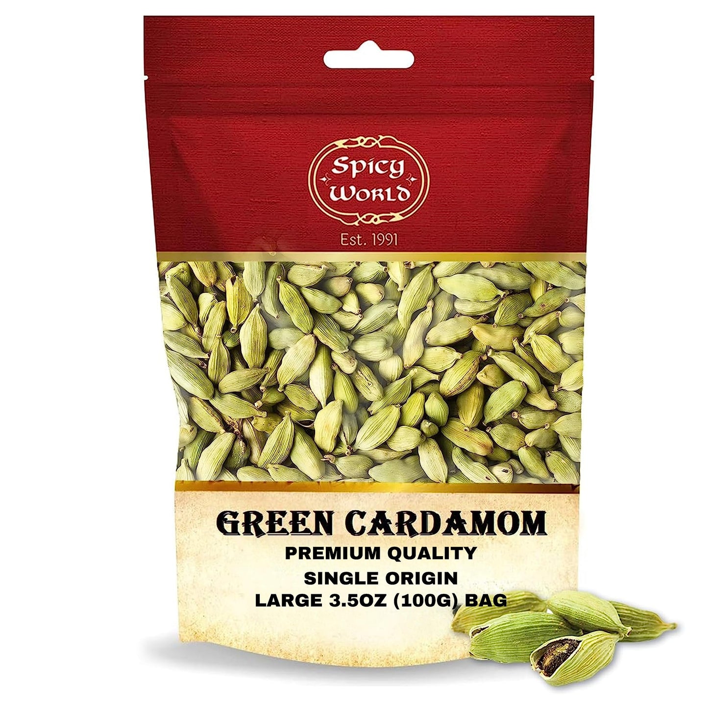 Spicy World Green Cardamom Pods 3.5 Oz - As Seen On Tik Tok - Premium Quality Whole Green Cardamom Pods | Vegan | Large | Aromatic Cardamon