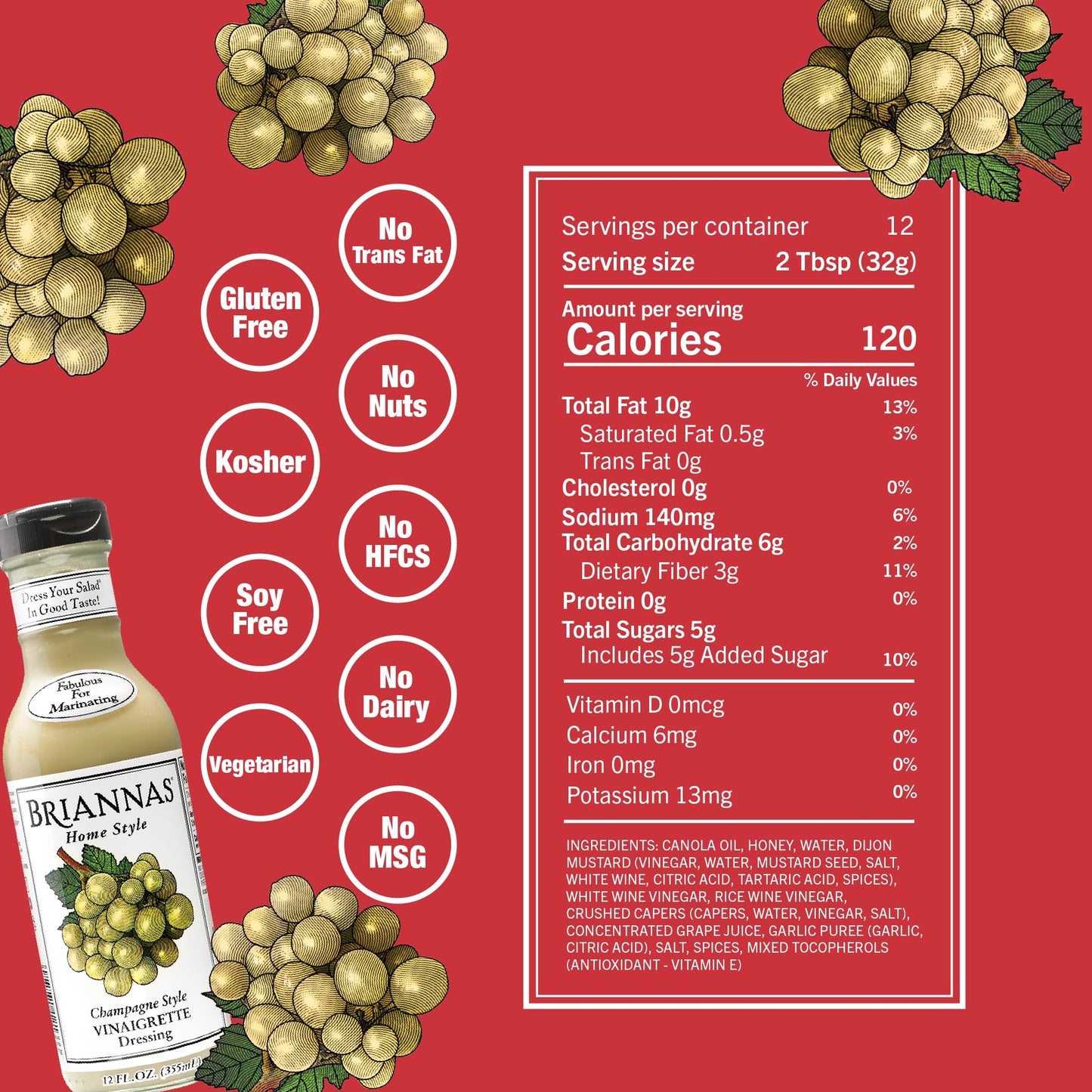 BRIANNAS Champagne Vinaigrette Dressing – Gluten Free & Kosher – 12 oz. Bottle - Fine Salad Dressing