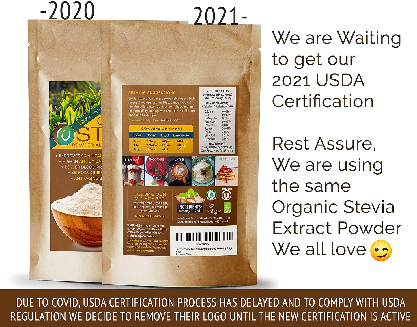 Enzo Organic Stevia Powder 125G (4.4Oz / 3125-Servings) - Enhanced Usda Certified All Natural Alternative-Sweetener 320X Sugar Free Non-Gmo 0 Calories Vegan No Aftertaste Kosher
