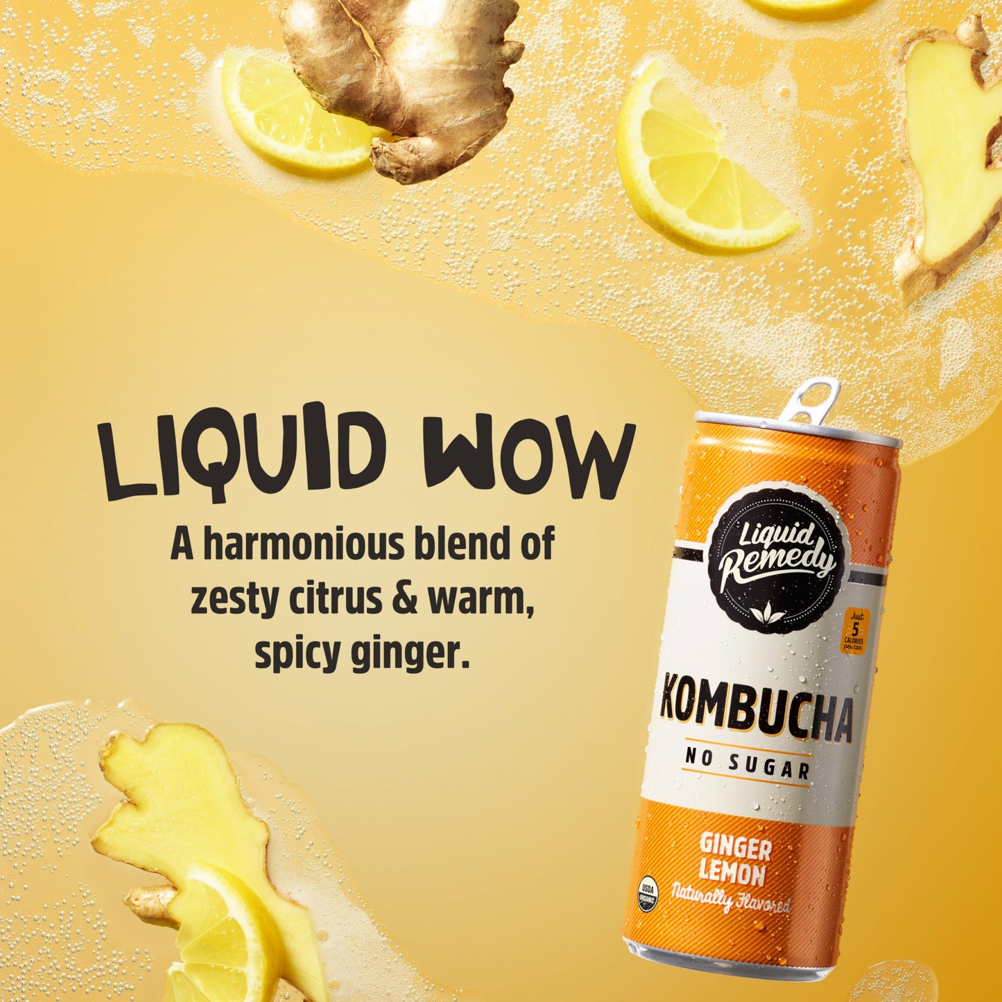 Liquid Remedy Kombucha Sugar Free Organic Drink, Low Calorie, Probiotic Like Tea For Gut Health - Ginger Lemon - 8.5 Fl Oz Can,