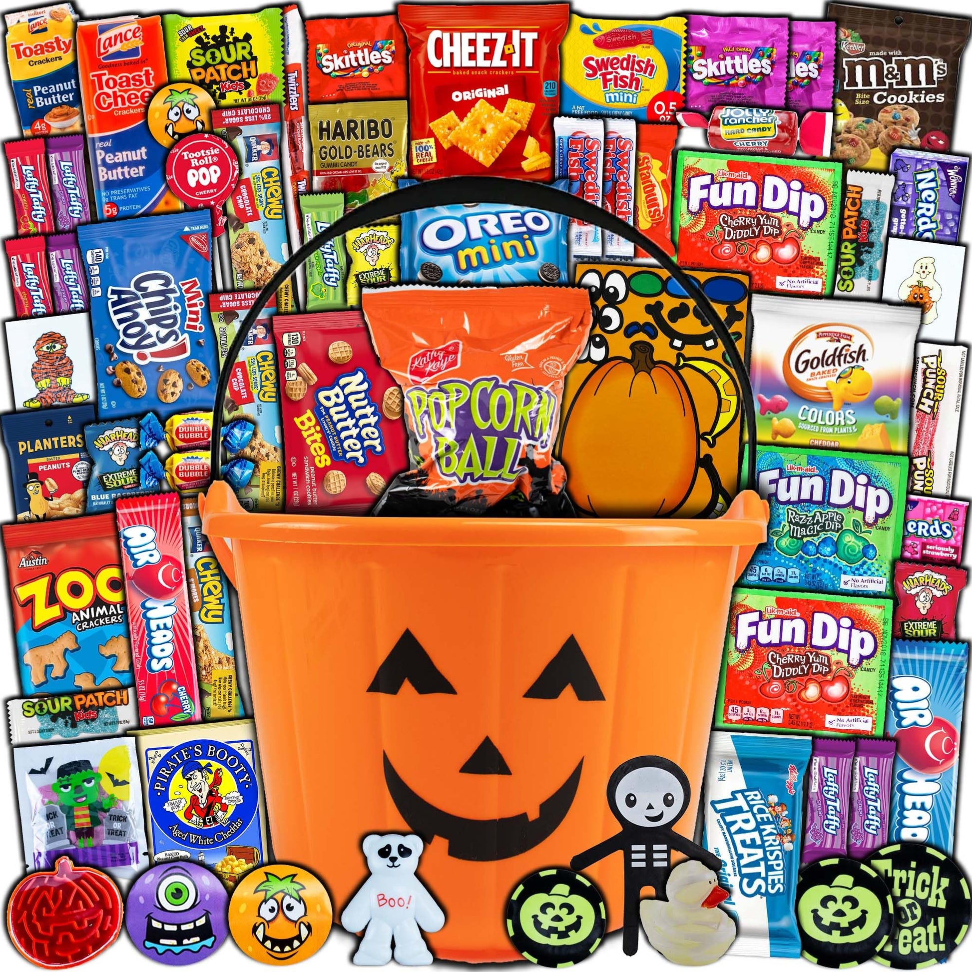 Halloween Candy Pumpkin Bucket Gift (50Ct) Snacks Box Basket Candies Kids Children Mature-Themeds Cookies Food Variety Pack Bundle Mixed Bulk Sampler Girls Boys Guys Men Women Boyfriend Girlfriend College Student