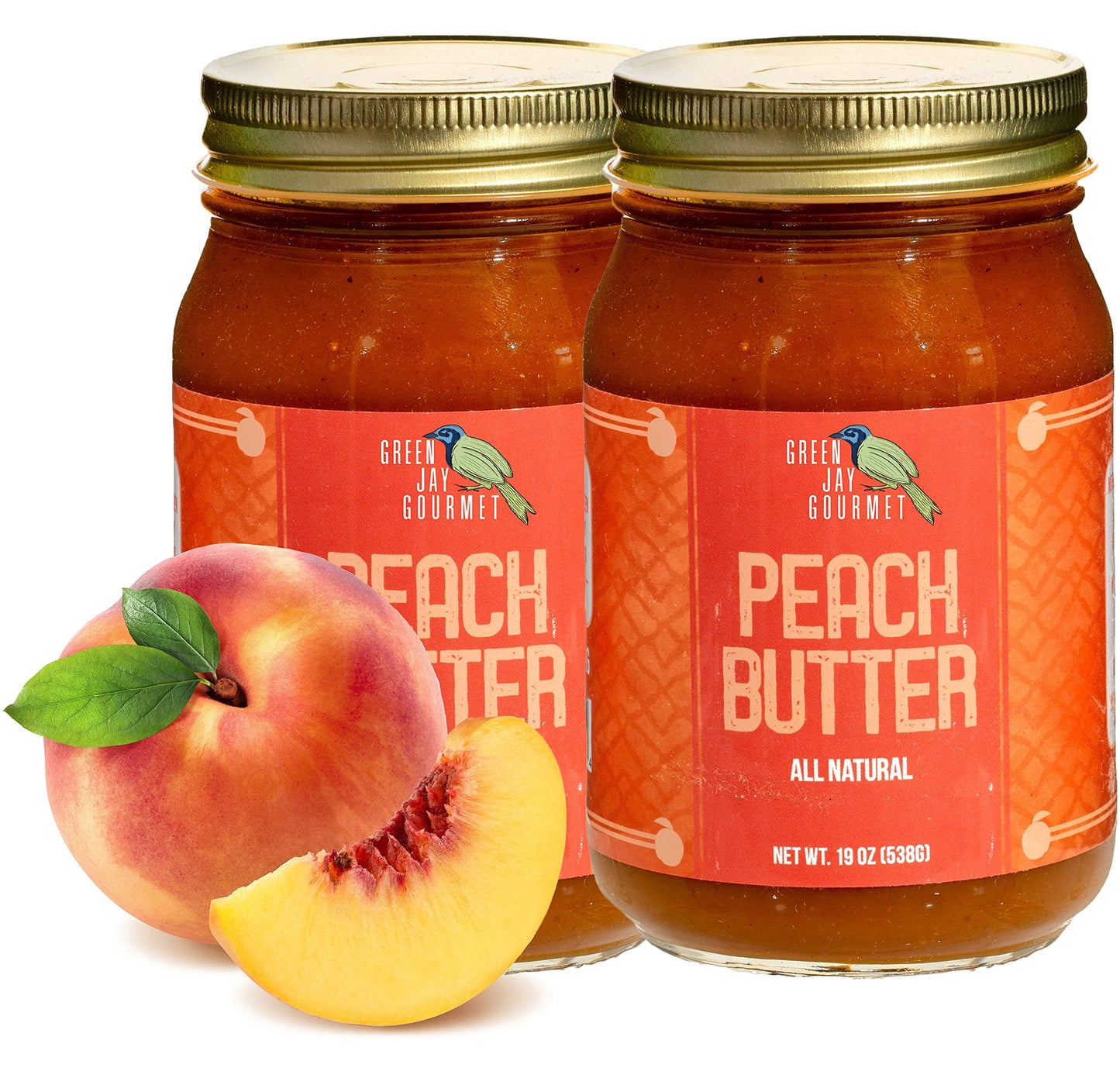 Green Jay Gourmet Peach Butter - All-Natural, Gluten-Free Fruit Spread - 19 oz (Pack of 2)