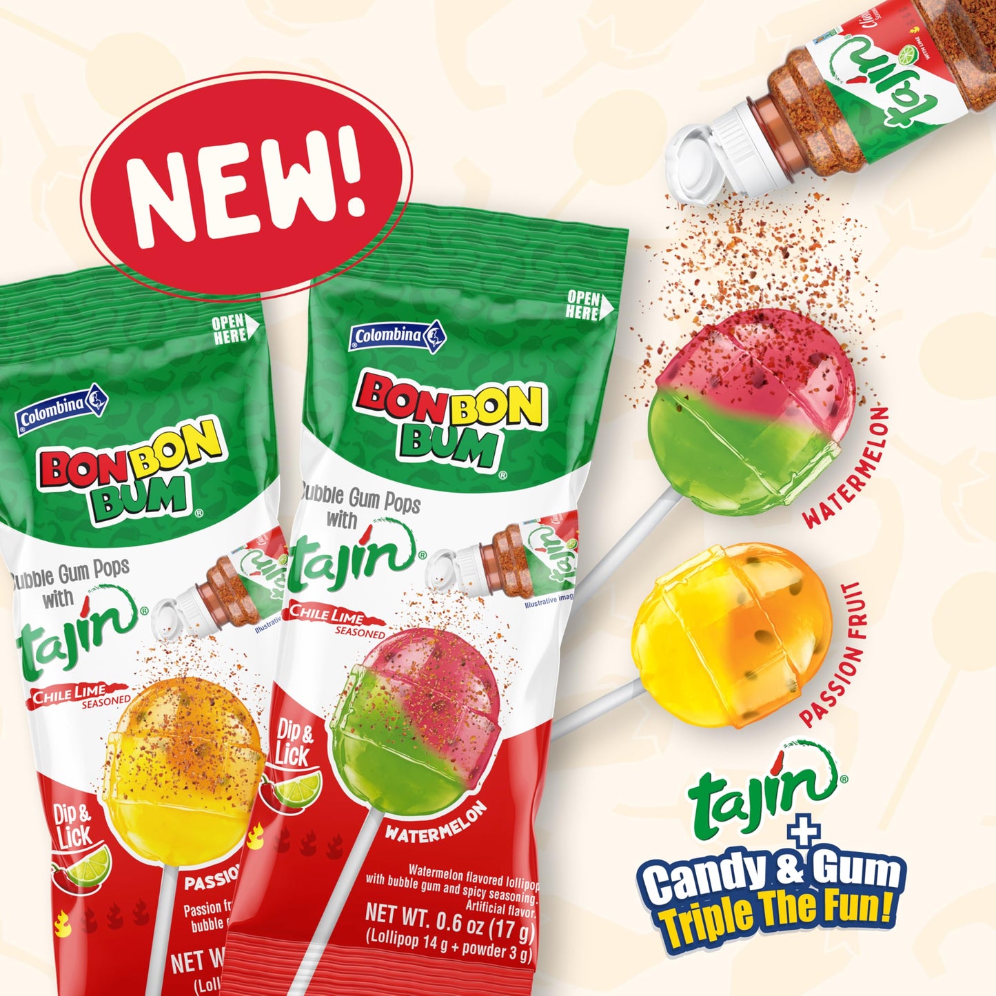 Colombina Bon Bon Bum Tropical Passion Fruit & Watermelon with Tajin Seasoning Chile Lime Dip  20 Count (Pack of 1)