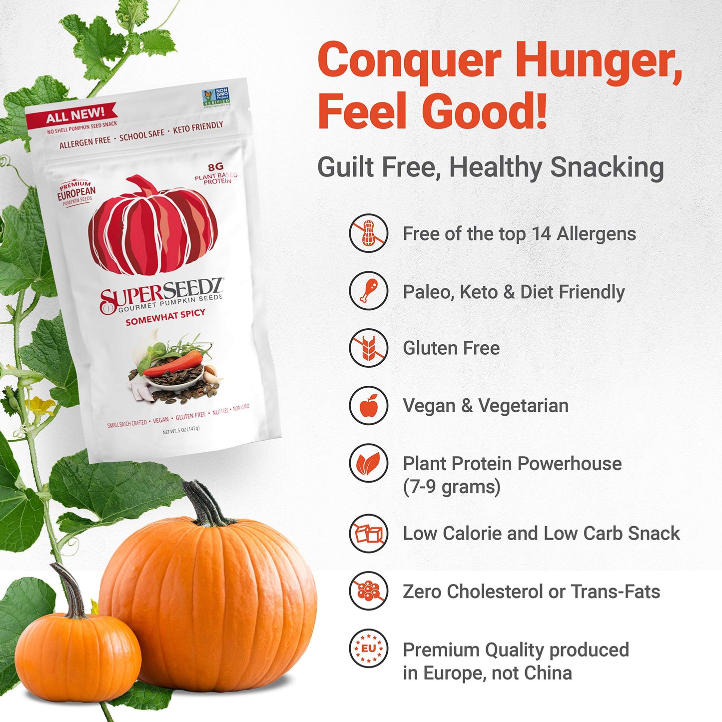 SuperSeedz Dry Roasted Pumpkin Seeds - Somewhat Spicy Pepitas, Whole 30, Paleo, Vegan & Keto Snacks, 8g Plant Based Protein, Pro