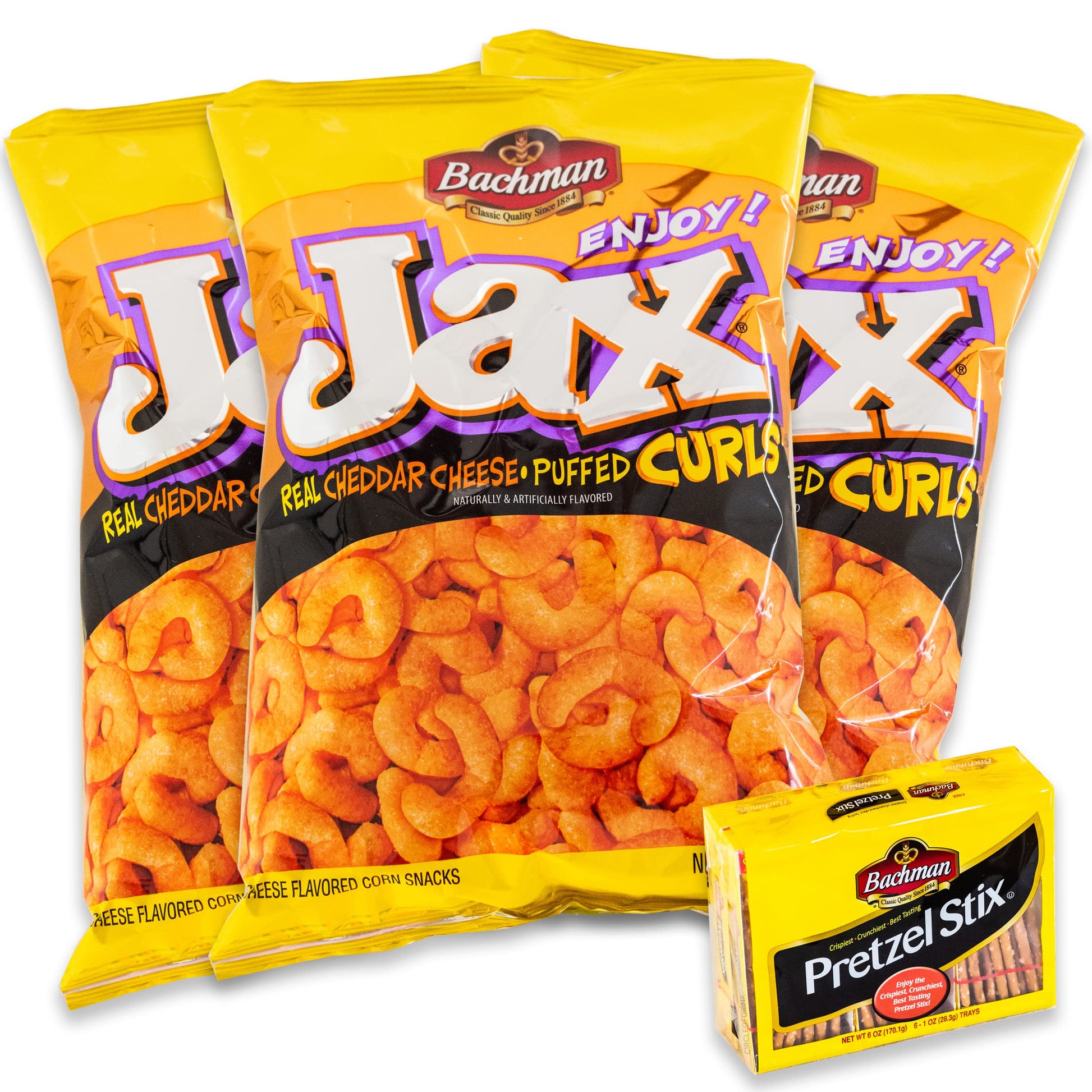 Bachman Jax Real Cheddar Cheese Puffed Curls (3, 9oz bags) - Variety Pack- Super Cheesy and Delicious - Bachman Pretzel Stix (6,