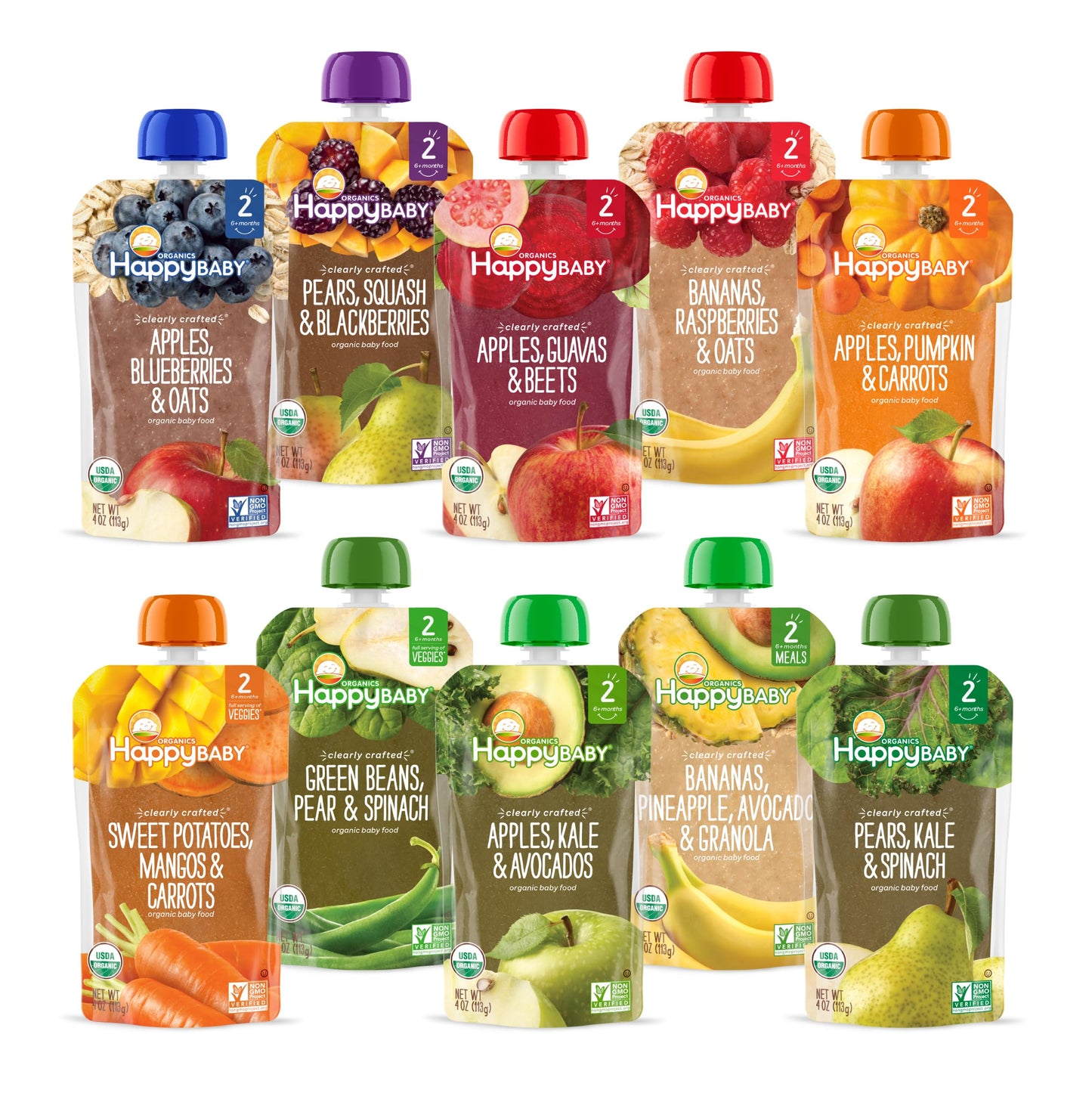 Happy Baby Organics Stage 2 Baby Food Pouches, Gluten Free, Vegan & Healthy Snack, Clearly Crafted Fruit & Veggie Puree, Fruit & Veggie Variety Pack, 4 Ounces (Pack Of 10), Large Online Retailer Limited Availability