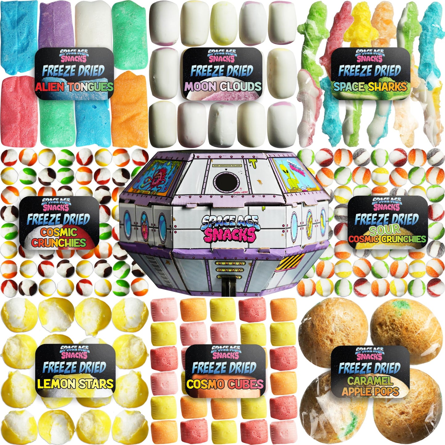 Space Age Snacks UFO Pack - 9 Premium Freeze Dried Candies - Cosmic Crunchies, Moon Clouds, Space Sharks, Alien Tongues, Lemon Stars