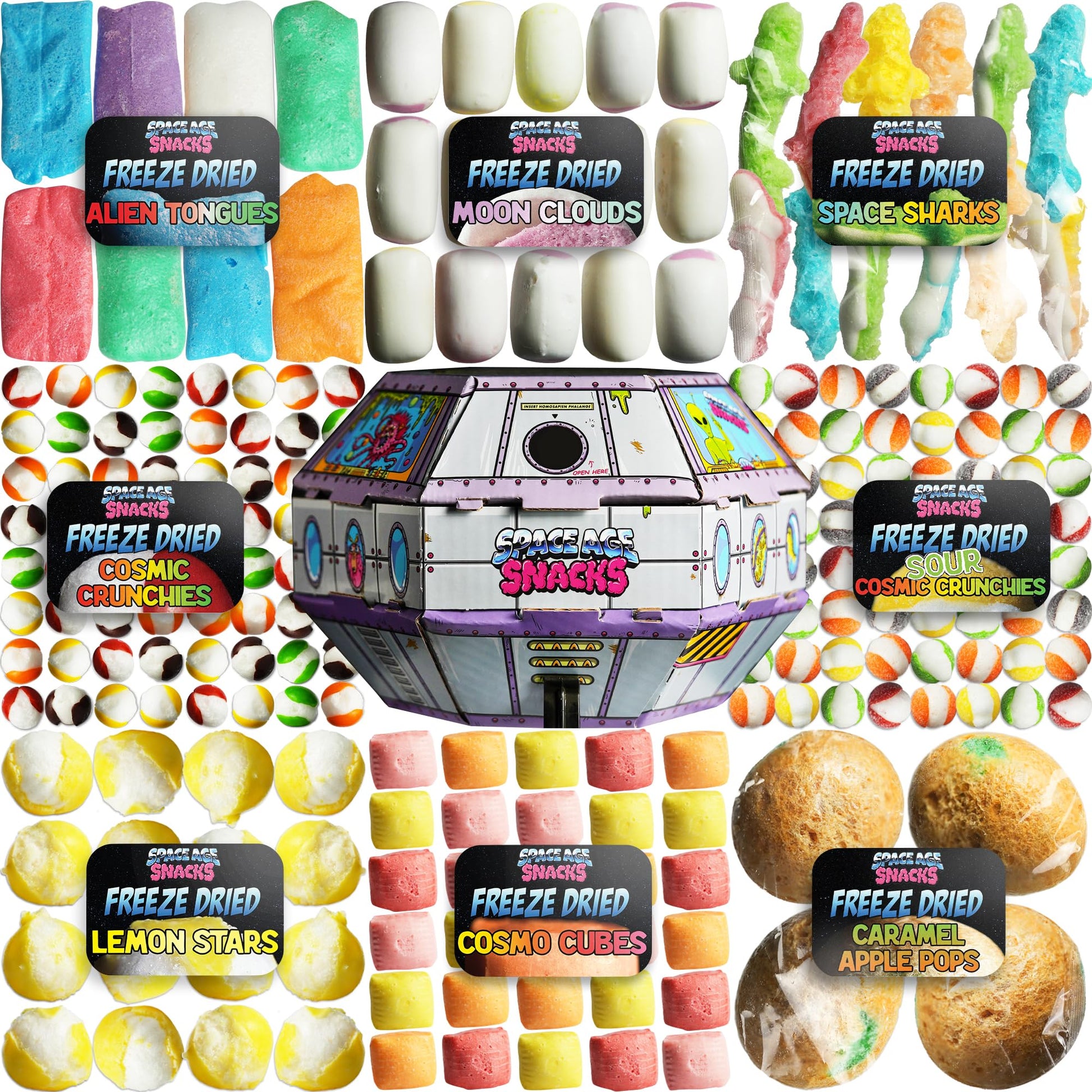 Space Age Snacks UFO Pack - 9 Premium Freeze Dried Candies - Cosmic Crunchies, Moon Clouds, Space Sharks, Alien Tongues, Lemon Stars