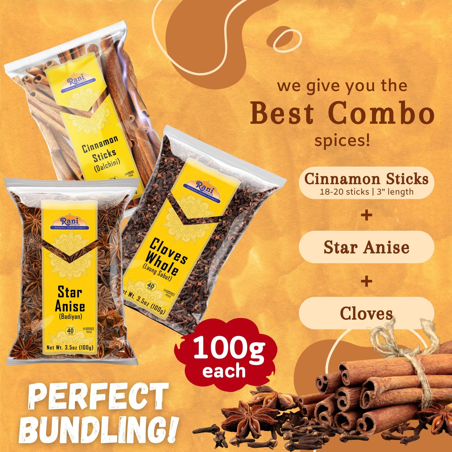 Rani Cinnamon Sticks, Star Anise & Whole Cloves 3.5Oz (100G) Pack Of 3 ~ Perfect For Baking, Cooking & Beverages ~ All Natural |