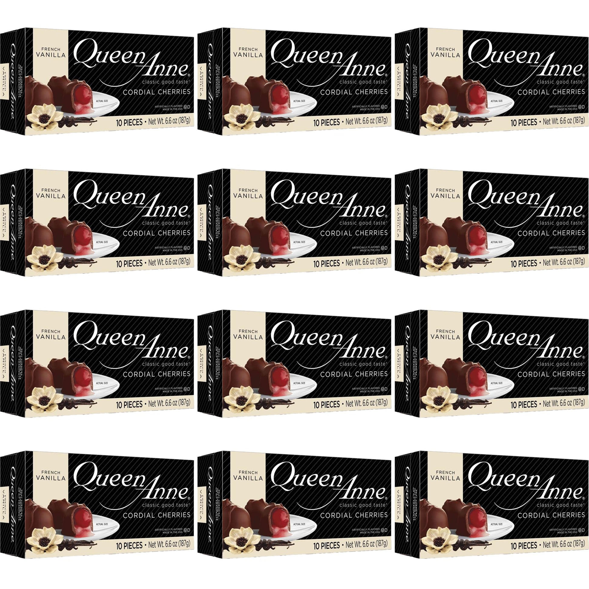 Queen Anne French Vanilla Chocolate Covered Cordial Cherries | 6.6 oz (Pack of 12) | 10 Piece Gift Boxes | Whole Maraschino Cher