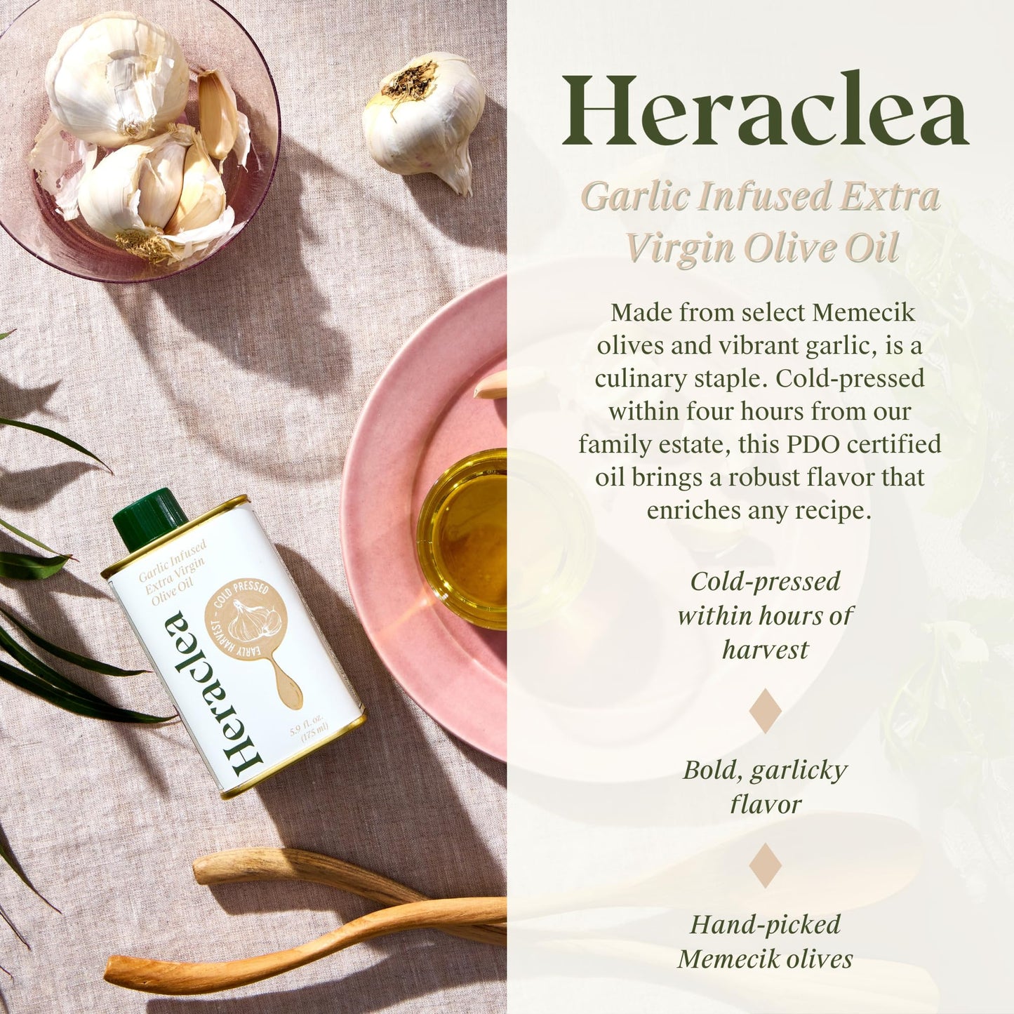 Heraclea Garlic Infused Extra Virgin Olive Oil - Organic Cold Pressed - 5.9oz Bottle