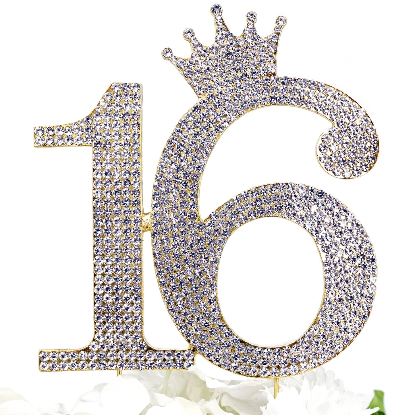 Number 16 Rhinestone Princess Crown Monogram Cake Topper - Sweet 16Th Birthday Party (Gold)