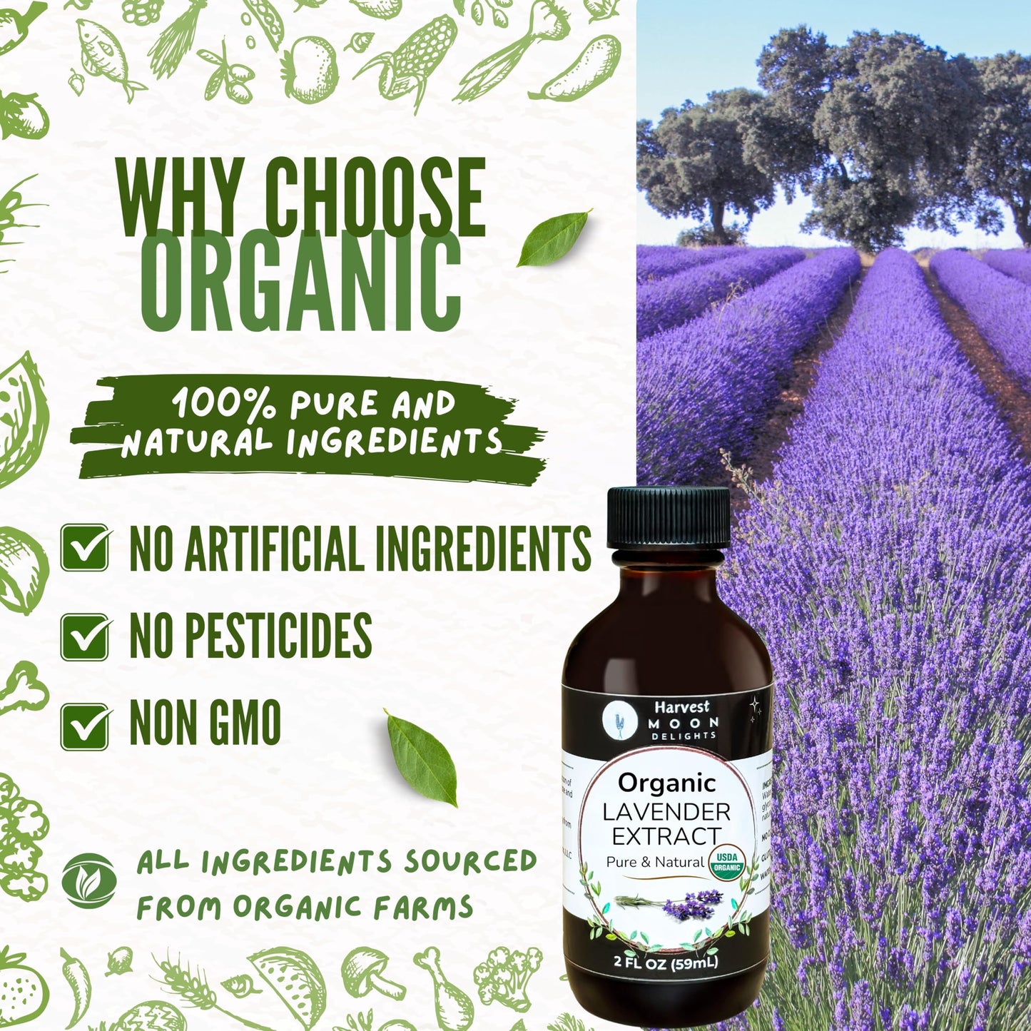 Organic Lavender Extract For Baking, Ice Cream, Drinks, And Candy - 2 Oz - Water-Soluble - By Harvest Moon Delights - Pure Laven