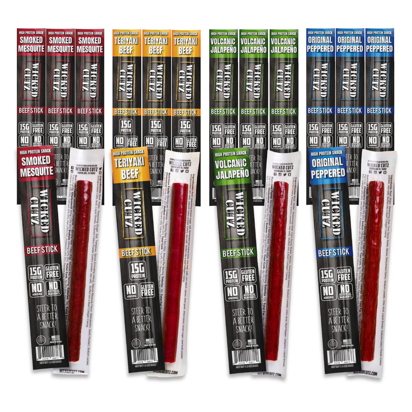Wicked Cutz Beef Sticks Variety Pack, 15g Protein, 4 Flavors, 1.5 oz each, 48 Pack, USA Made High Protein Snacks