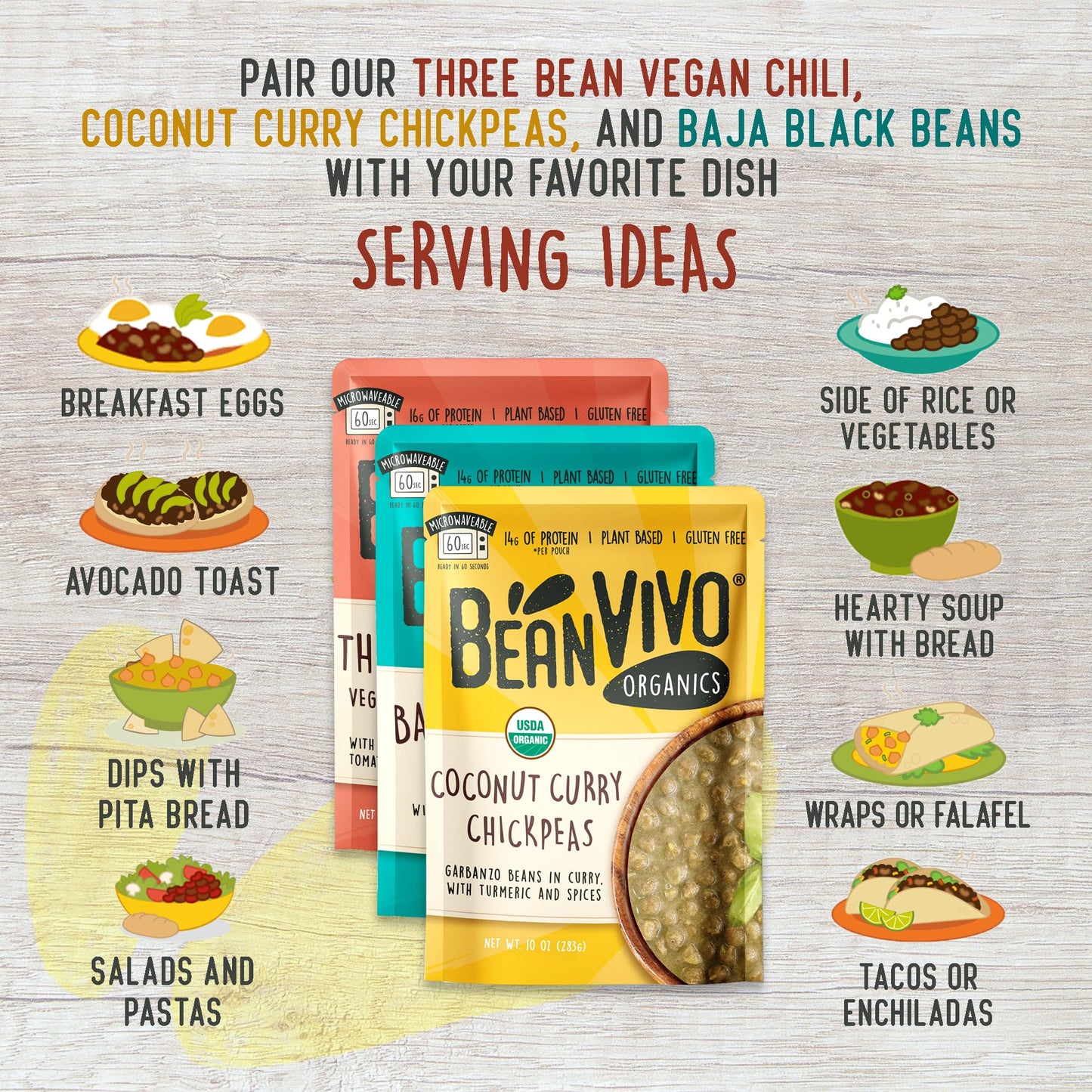 Beanvivo - Variety 3 Pack (10 Oz Each) - Organic Baja Black Beans, Three Bean Vegan Chili, Coconut Curry Chickpeas - Seasoned &