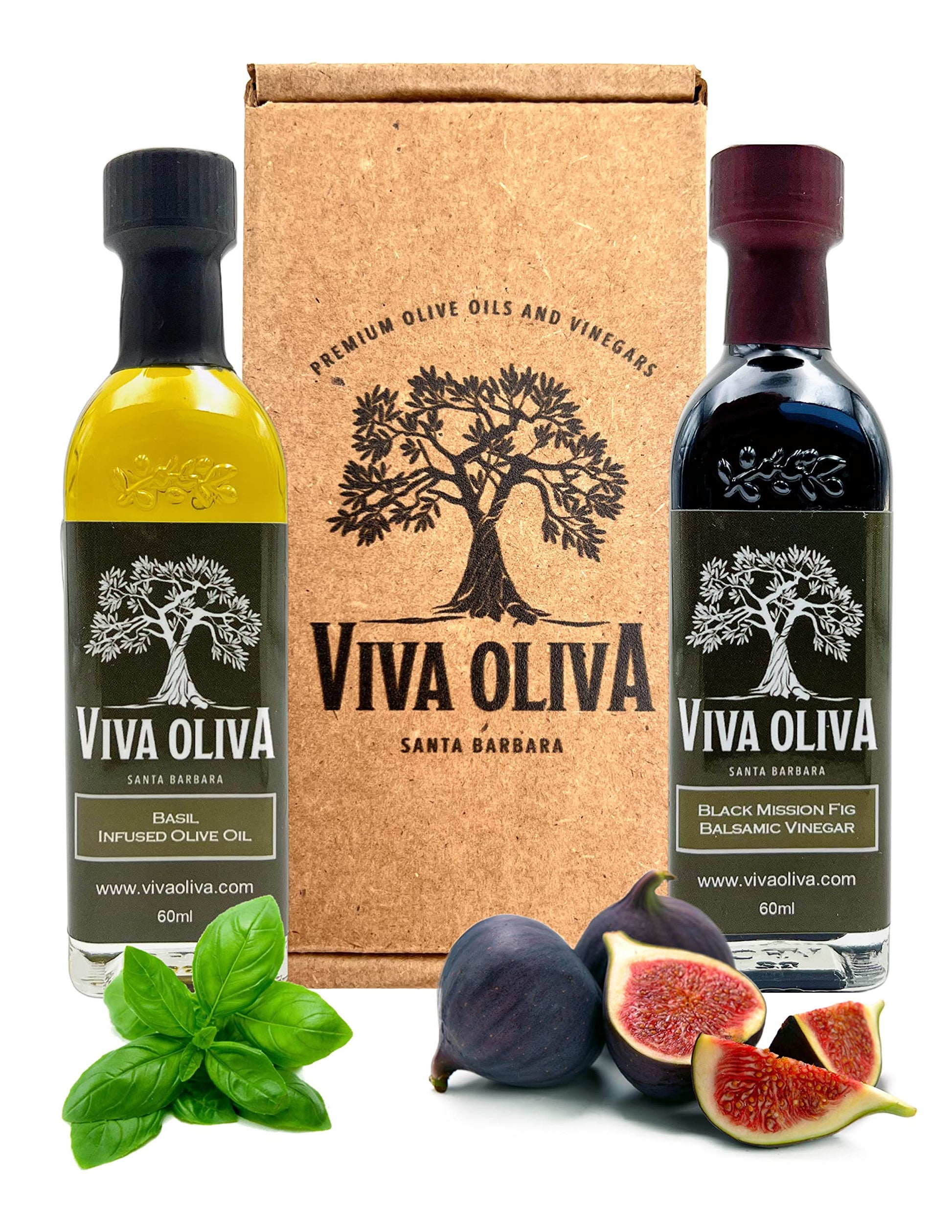 Viva Oliva Variety Gift Set - Basil Infused Olive Oil & Black Mission Fig Balsamic Vinegar - 2.02 Fl Oz (Pack of 2)