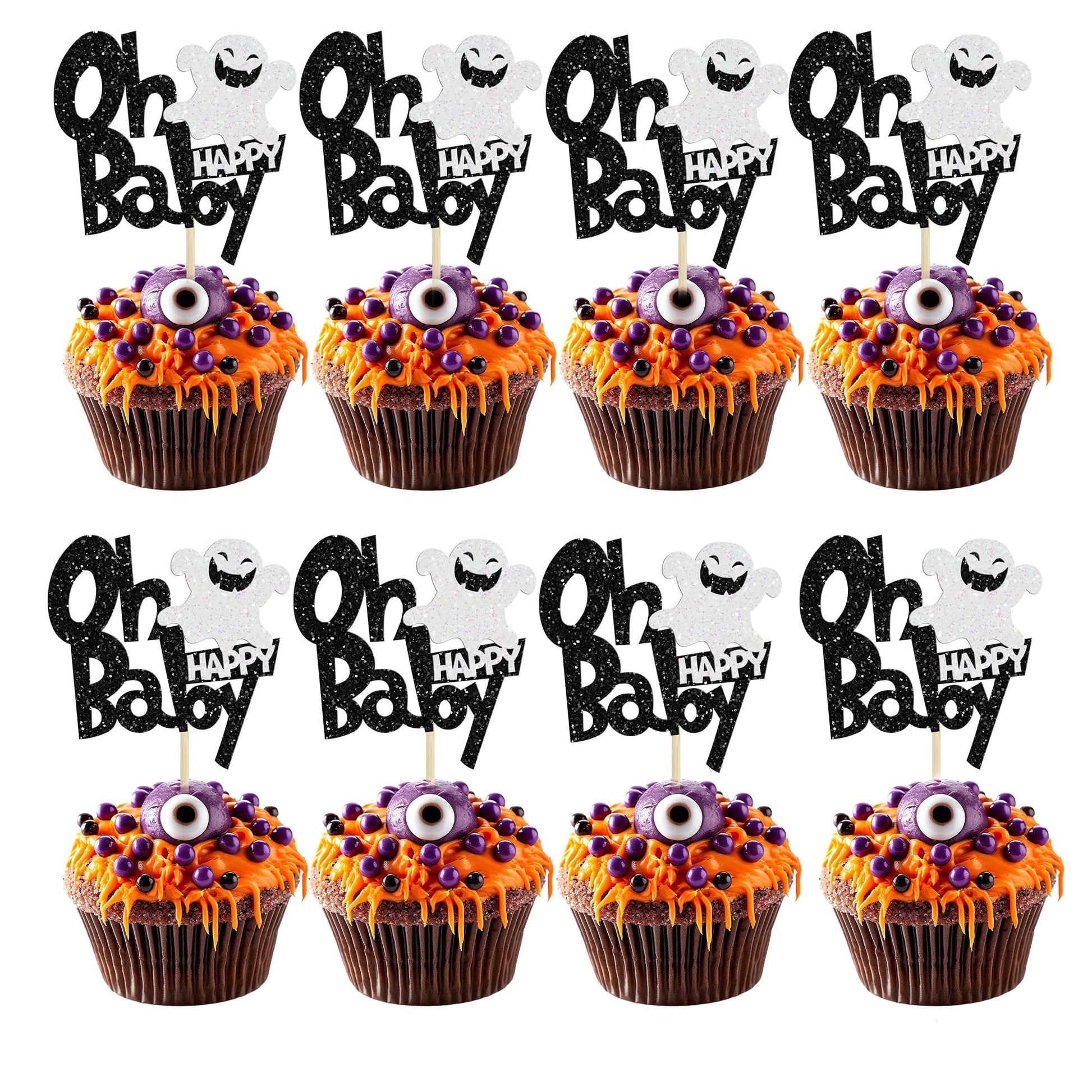 24Pcs Ghost Oh Baby Cupcake Toppers Glitter Gender Reveal Baby Shower Spooky Halloween Cupcake Picks For Halloween Theme Baby Sh